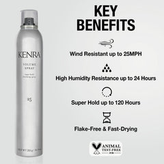 Kenra Volume Spray 25 application mist shows even distribution for quick volume.