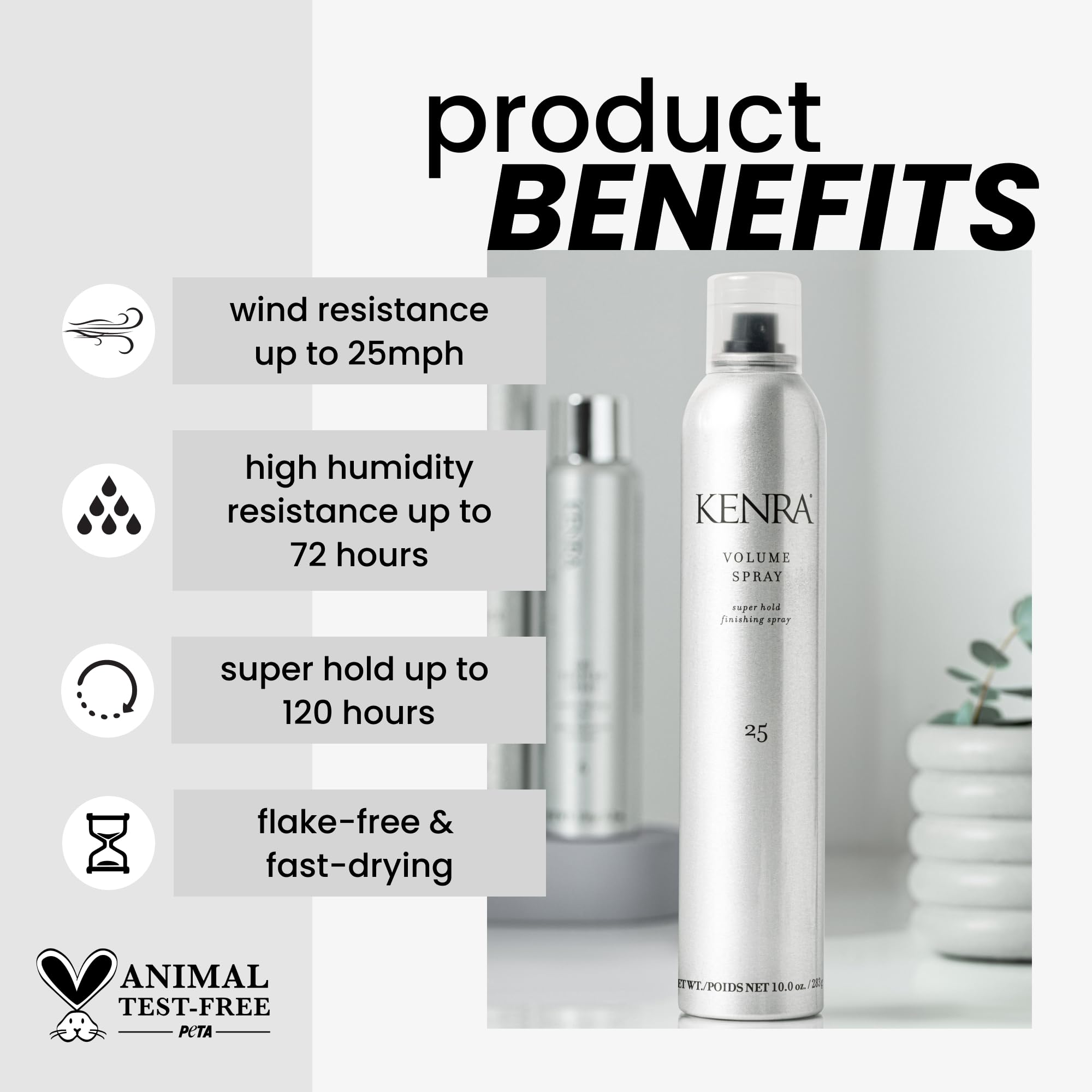 Kenra Volume Spray 25 bottle angle highlights wind resistance up to 25 mph
