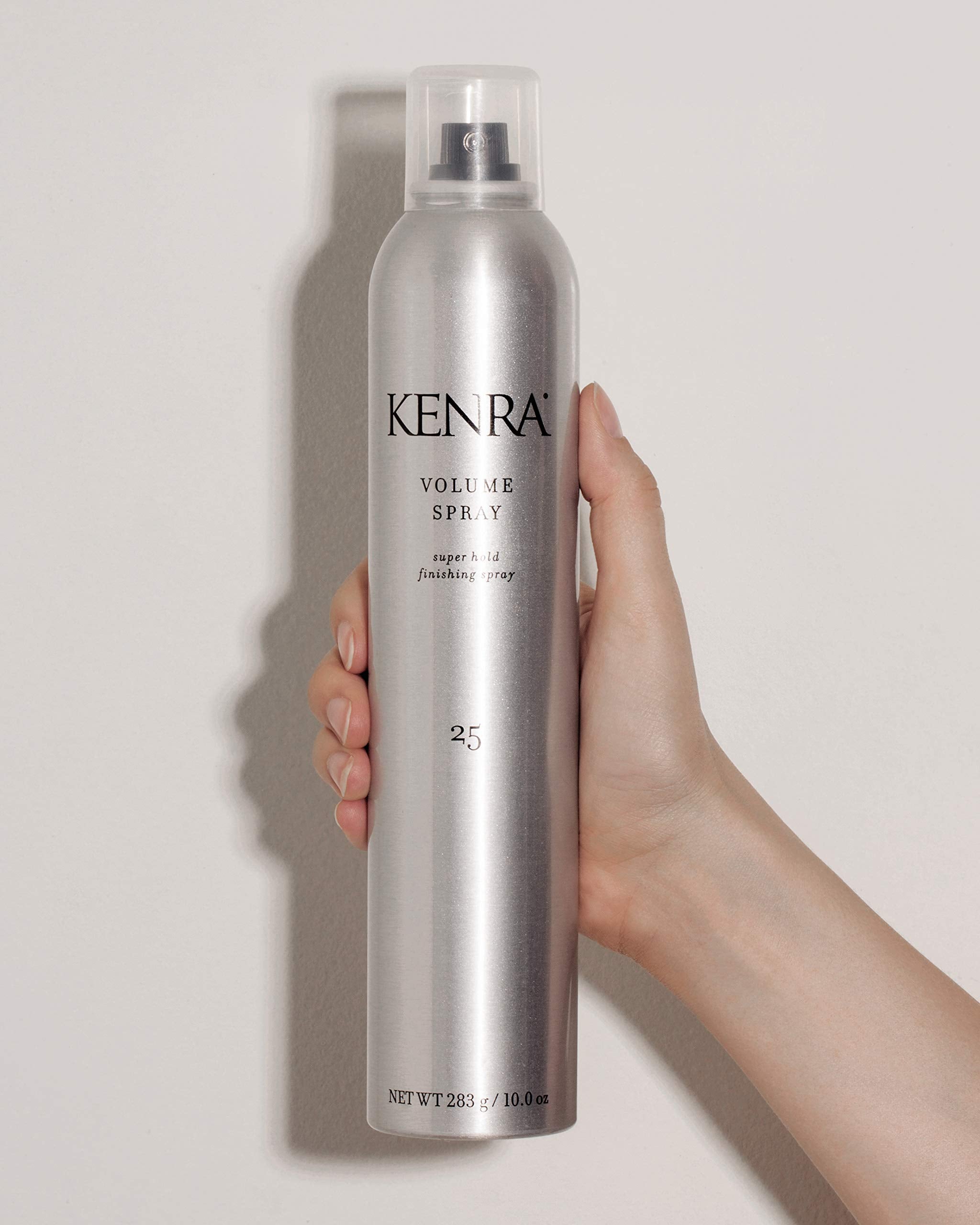 Kenra Volume Spray 25 bottle on model demonstrates all-day natural shine and strong hold.