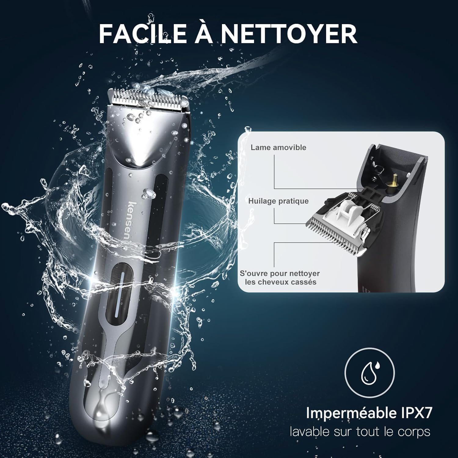 Kensen IPX7 waterproof feature enables wet or dry grooming.