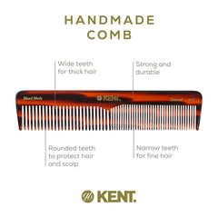 Kent 16T tortoise comb hand polished saw-cut for a smooth, snag-free glide.