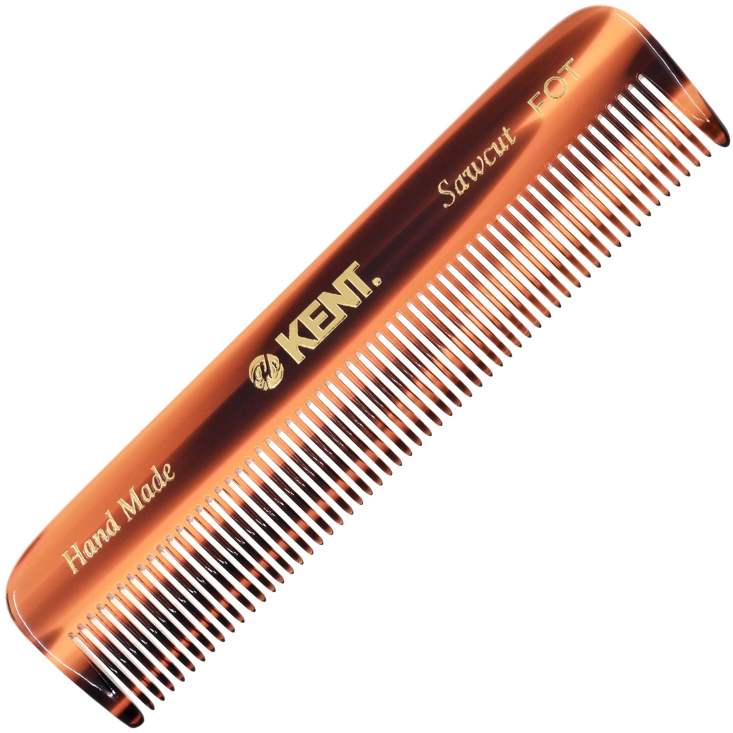 Kent FOT tortoise fine-tooth pocket comb close-up for precise grooming on dry or damp hair.