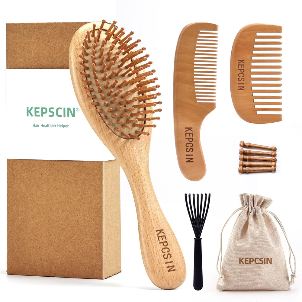 KEPCSIN solid wood hair brush with rounded heads for gentle detangling and shine.