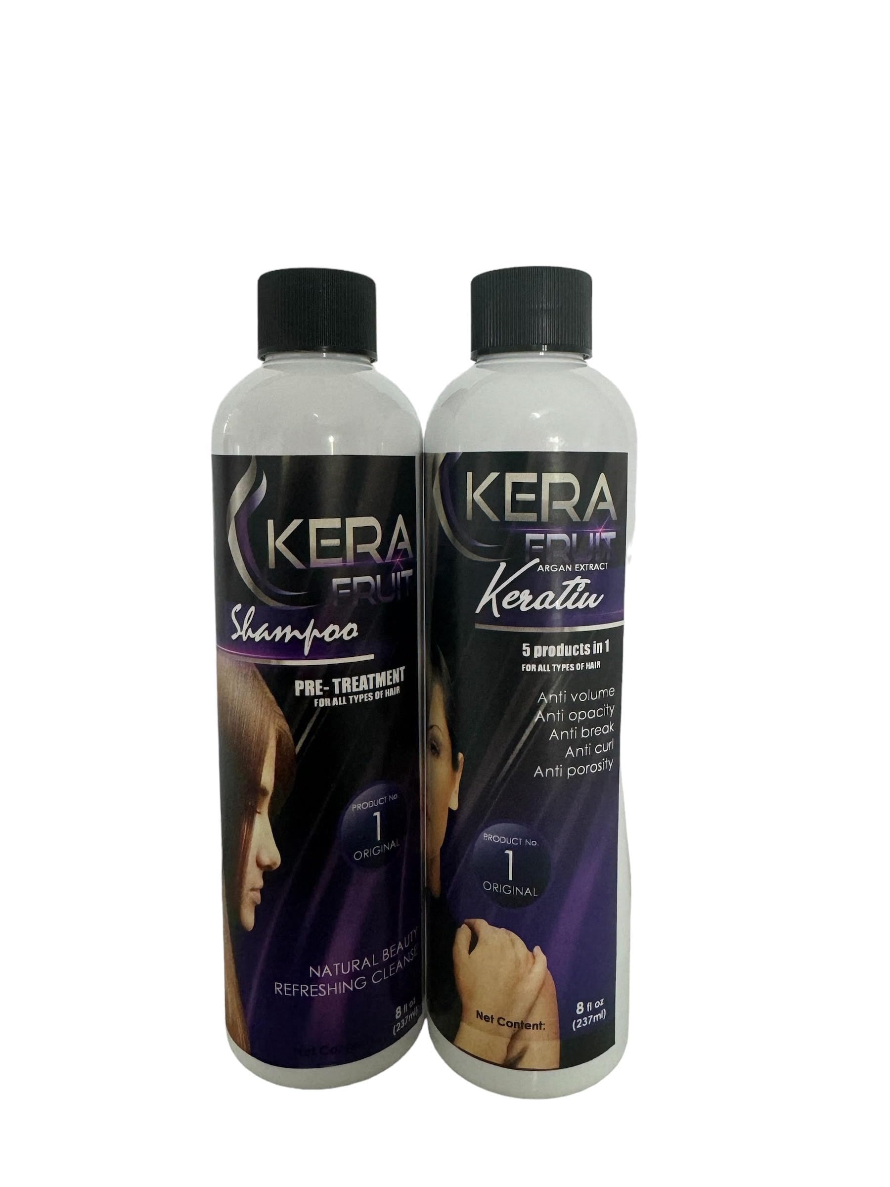 KERA FRUIT Cirugía Capilar treatment bottle demonstrates smoother, frizz-reducing styling.