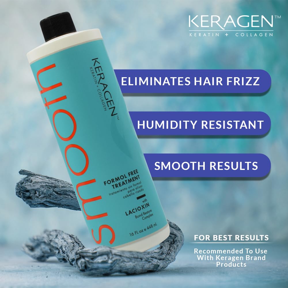 KERAGEN before-after frizz control shows transformed sleek hair.