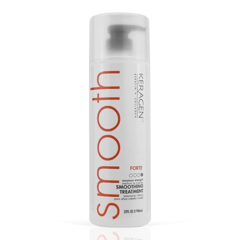 KERAGEN Brazilian keratin smoothing treatment bottle shows salon-grade smoothing for frizz-prone hair.