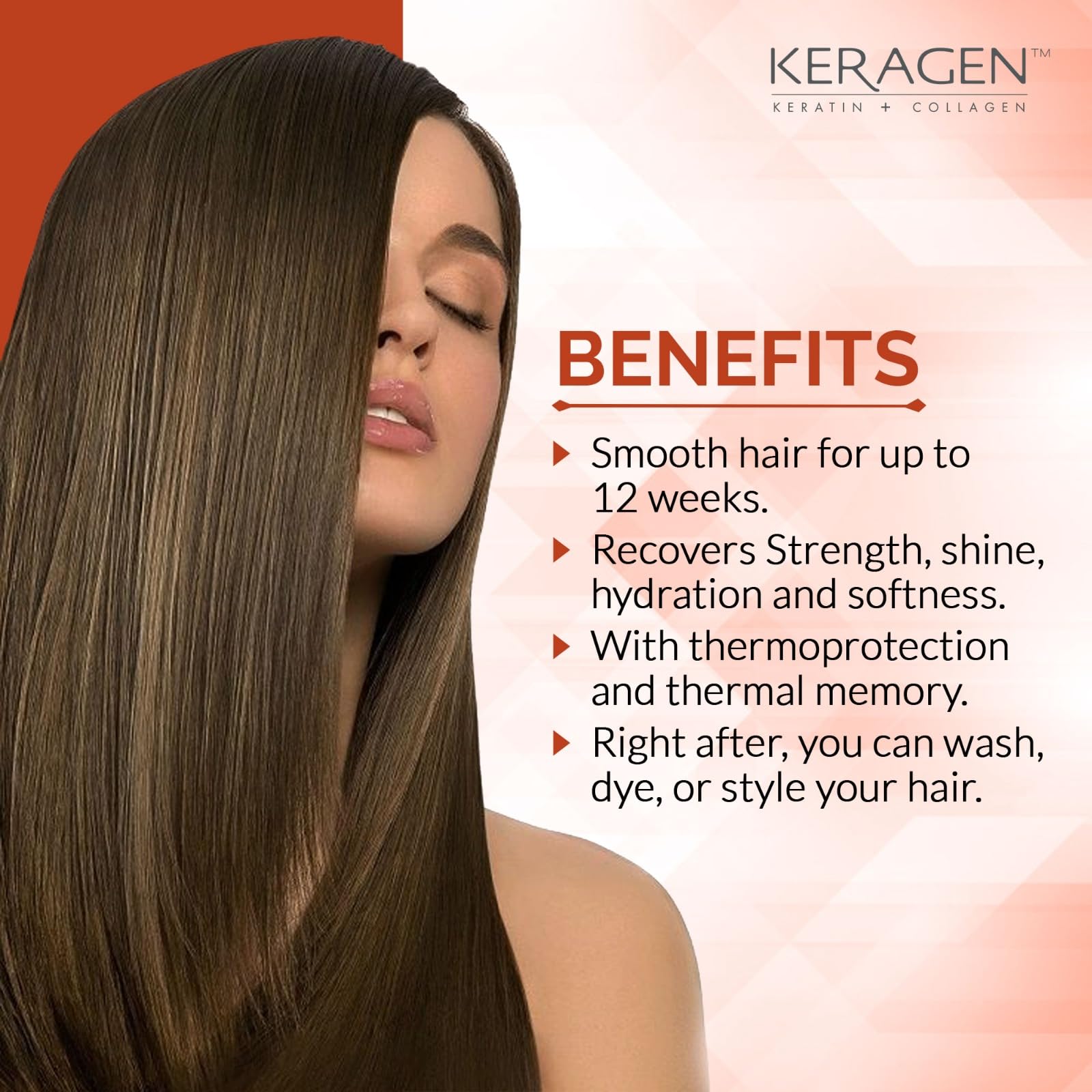 KERAGEN sulfate-free formula packaging highlights gentle, damage-repairing care.