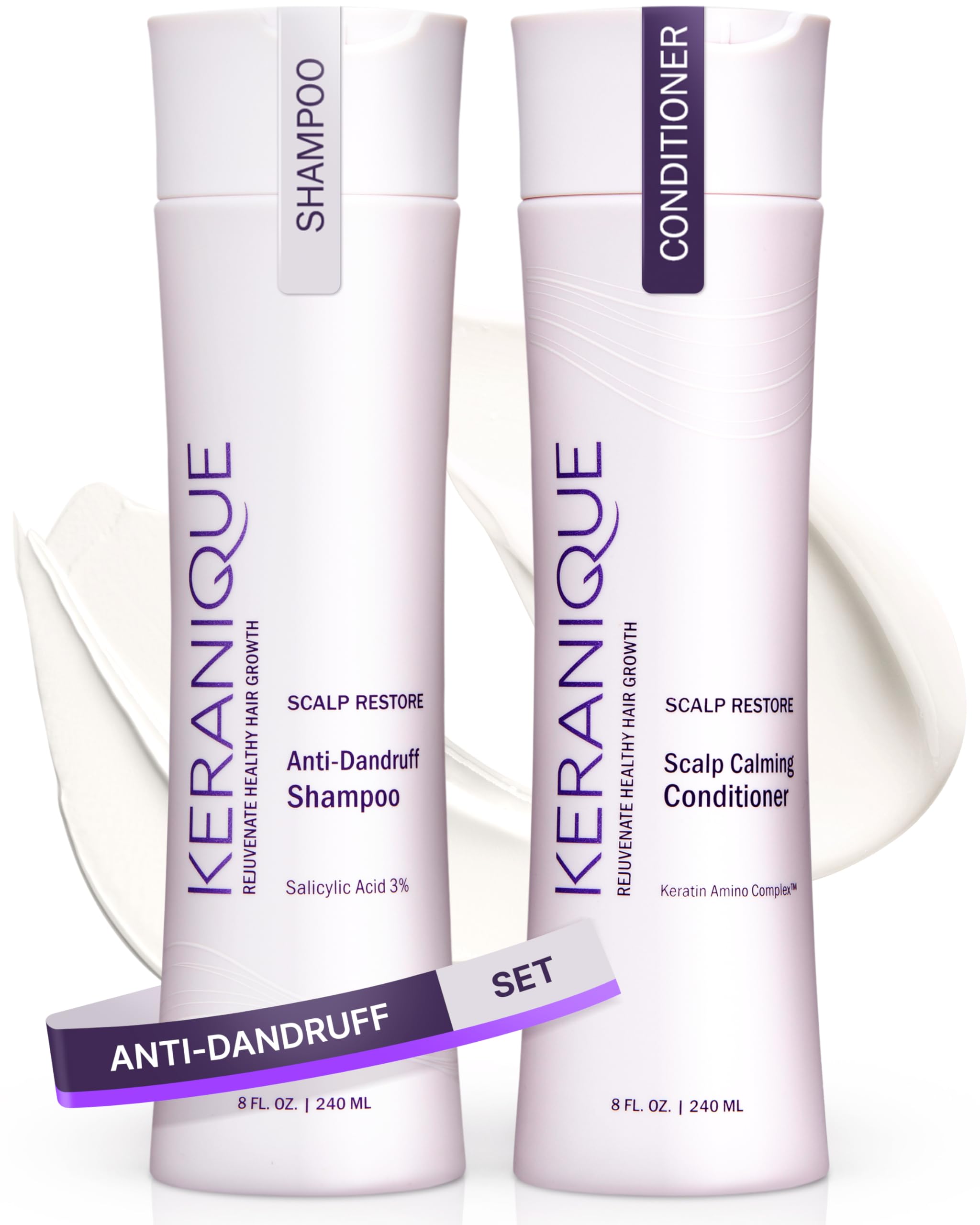 Keranique anti-dandruff shampoo bottle demonstrating scalp relief and gentle cleansing for color-treated hair.