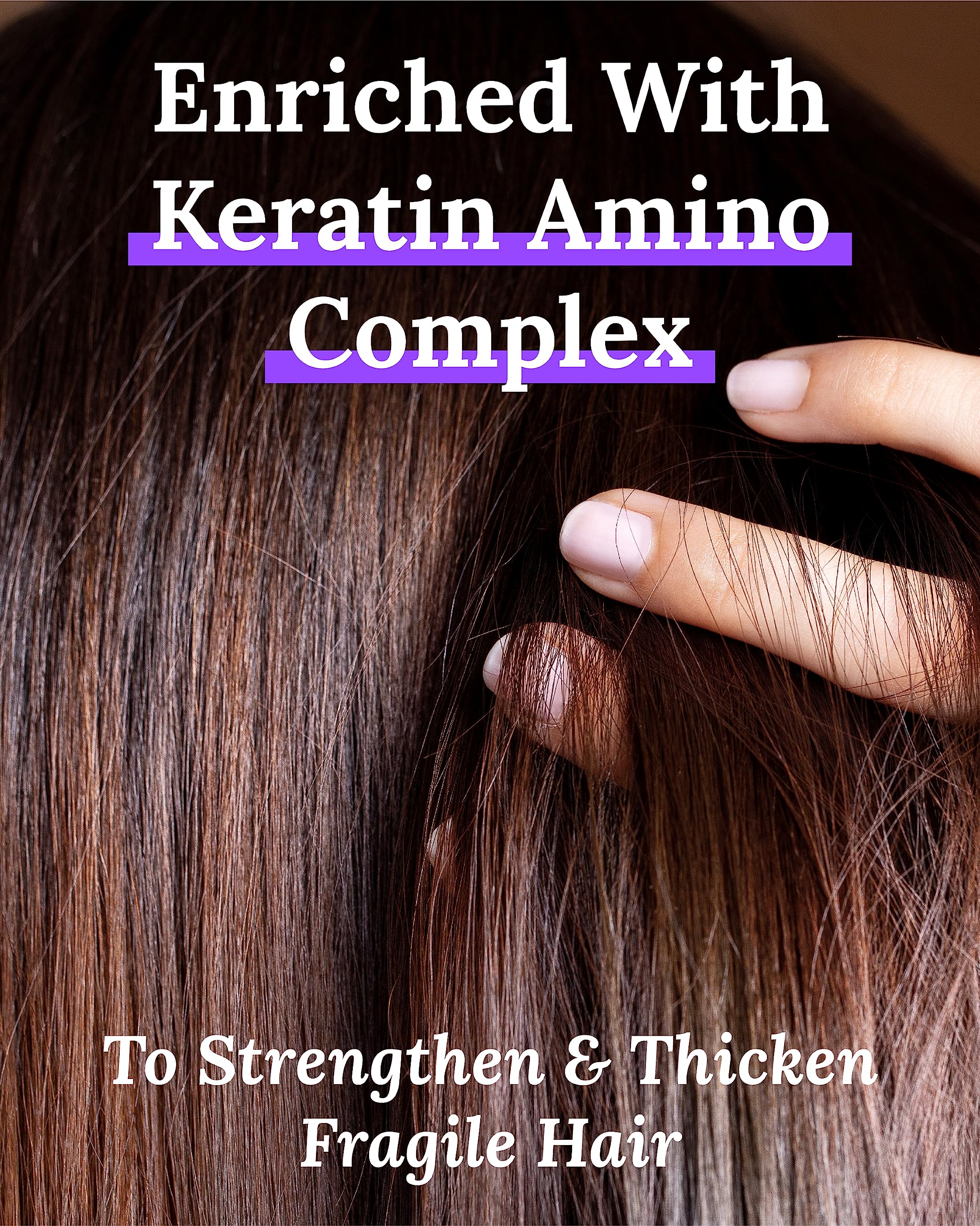 Keranique bottle dropper closeup emphasizes keratin amino complex for moisturized, strengthened hair