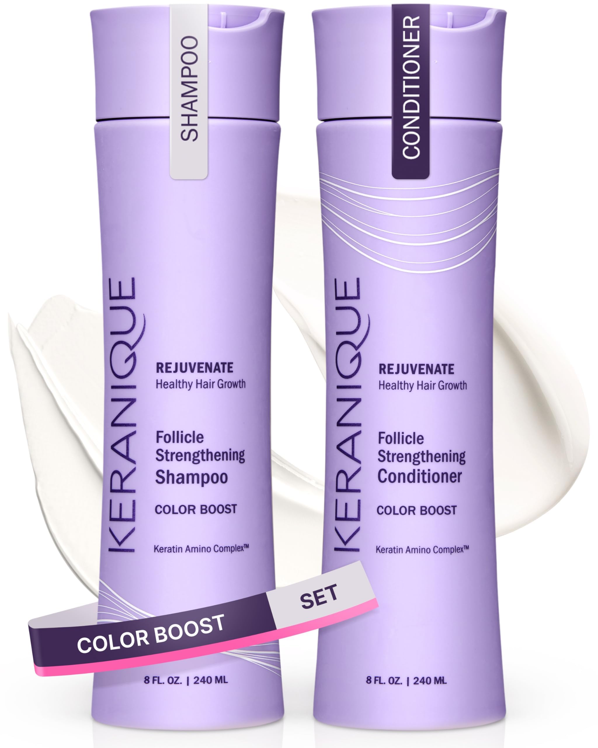 Keranique color-safe shampoo bottle closeup showing color protection for treated hair.