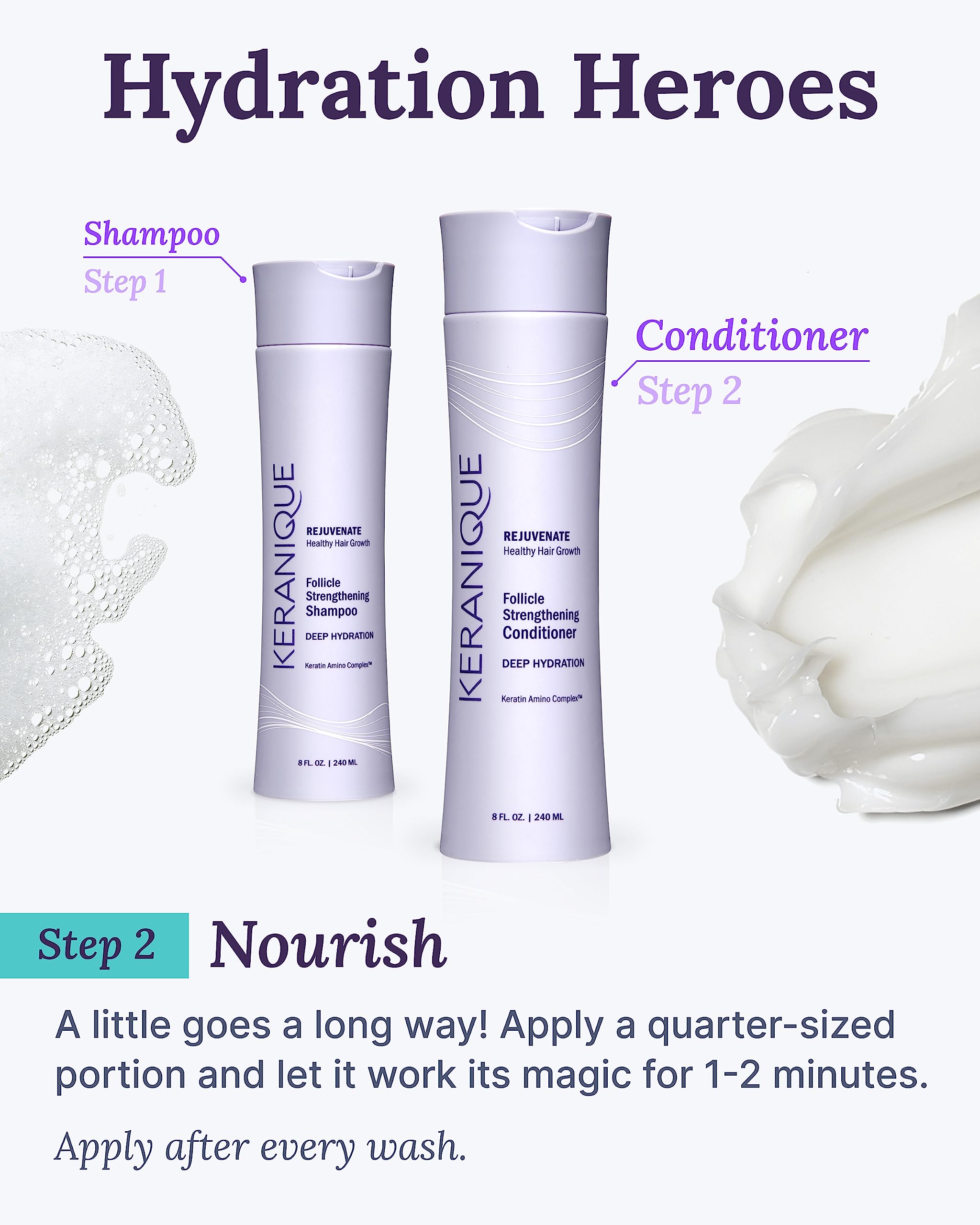 Keranique conditioner leaves hair soft with natural shine after use.