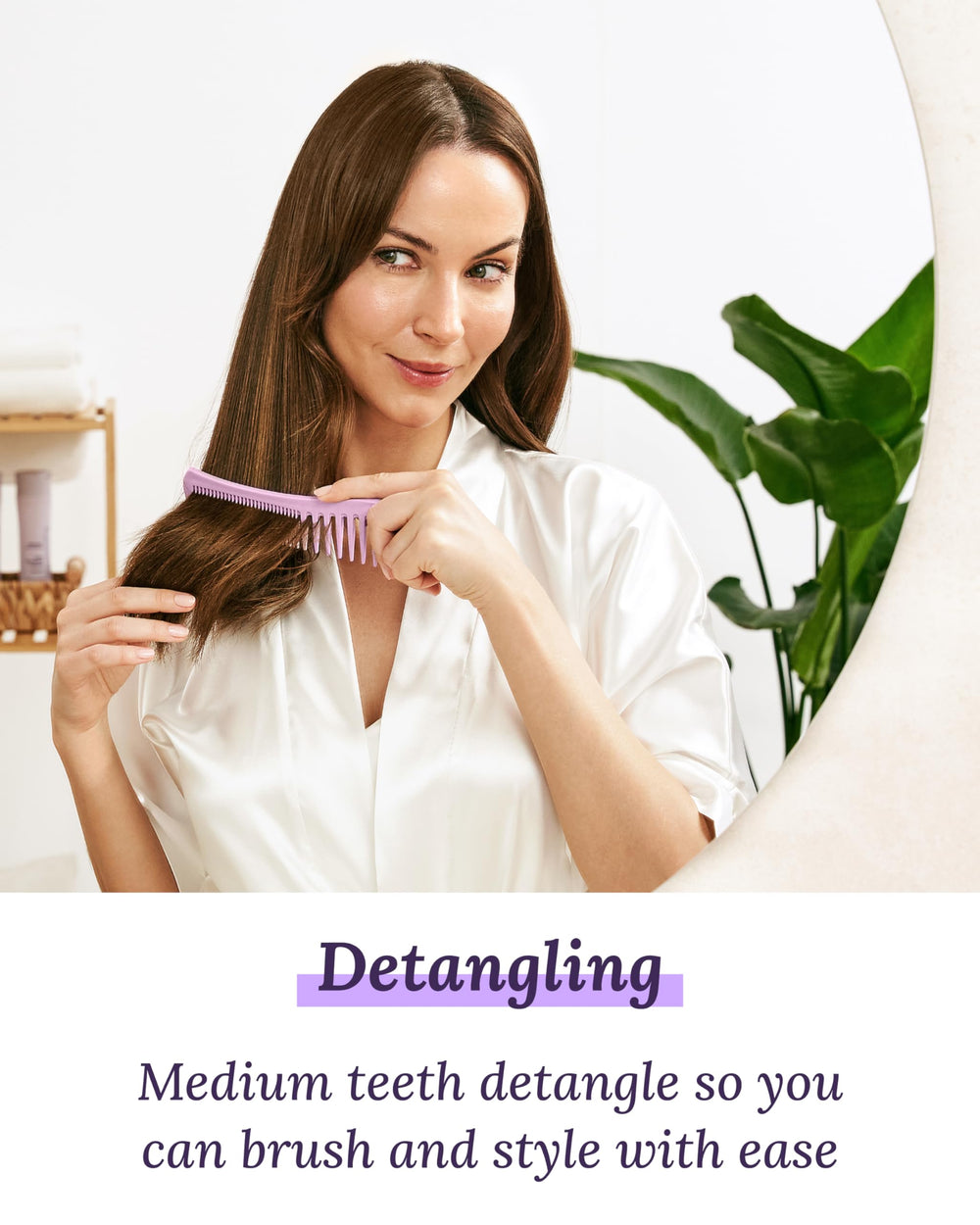 Keranique detangling comb close-up gliding through hair without pulling.