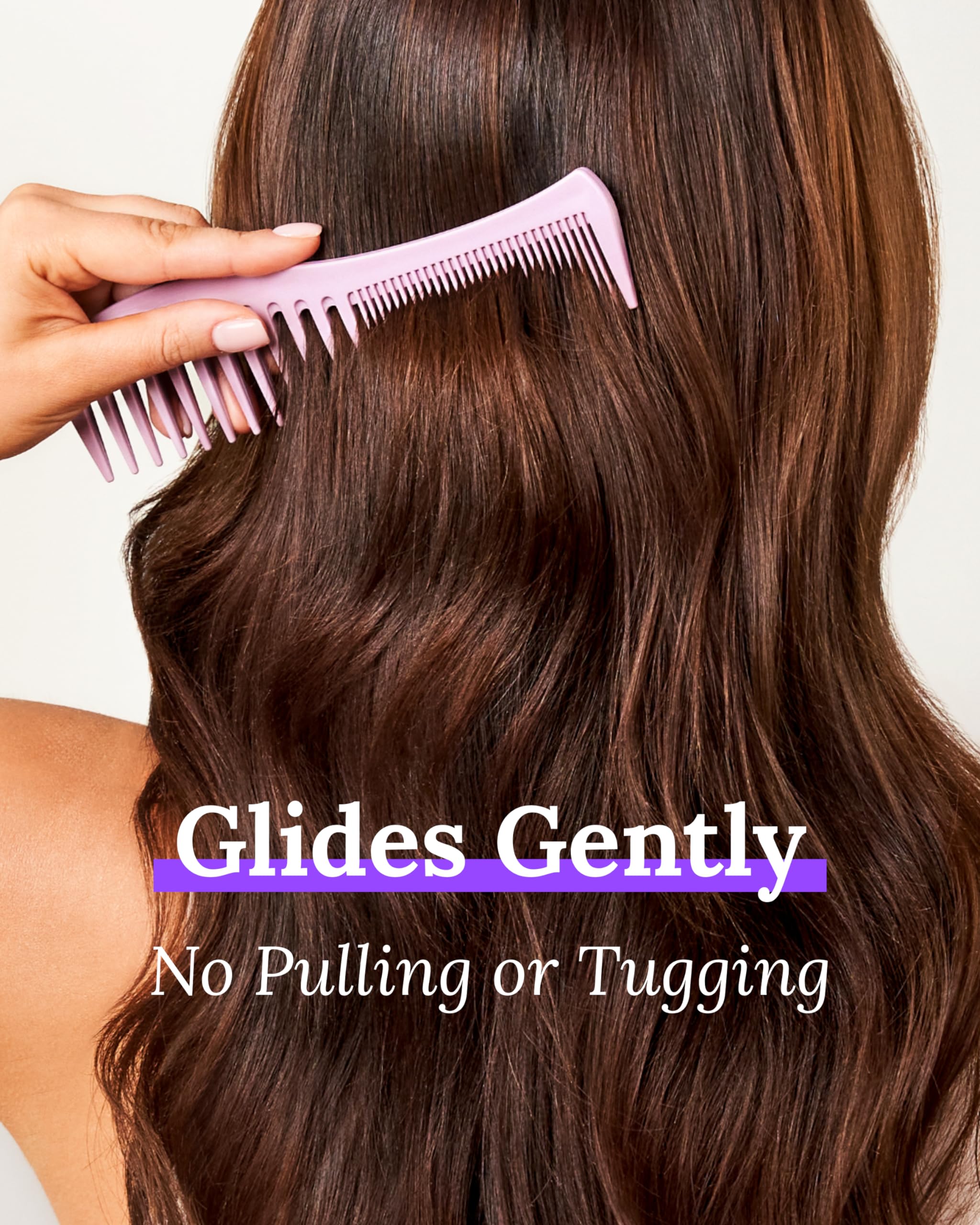 Keranique detangling comb wide-tooth side distributing conditioner evenly from roots to ends.