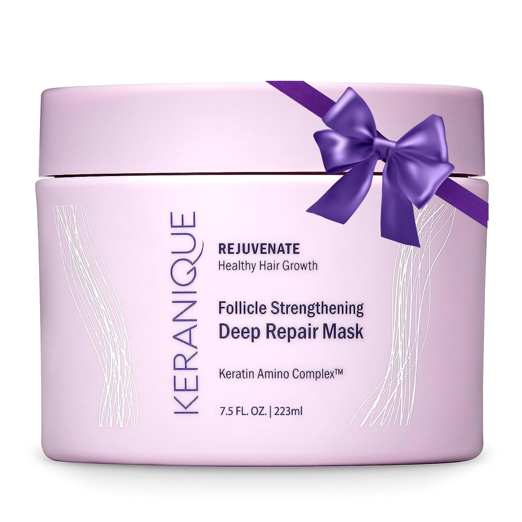 Keranique Hair Mask bottle demonstrates deep repair for softer, more hydrated hair.