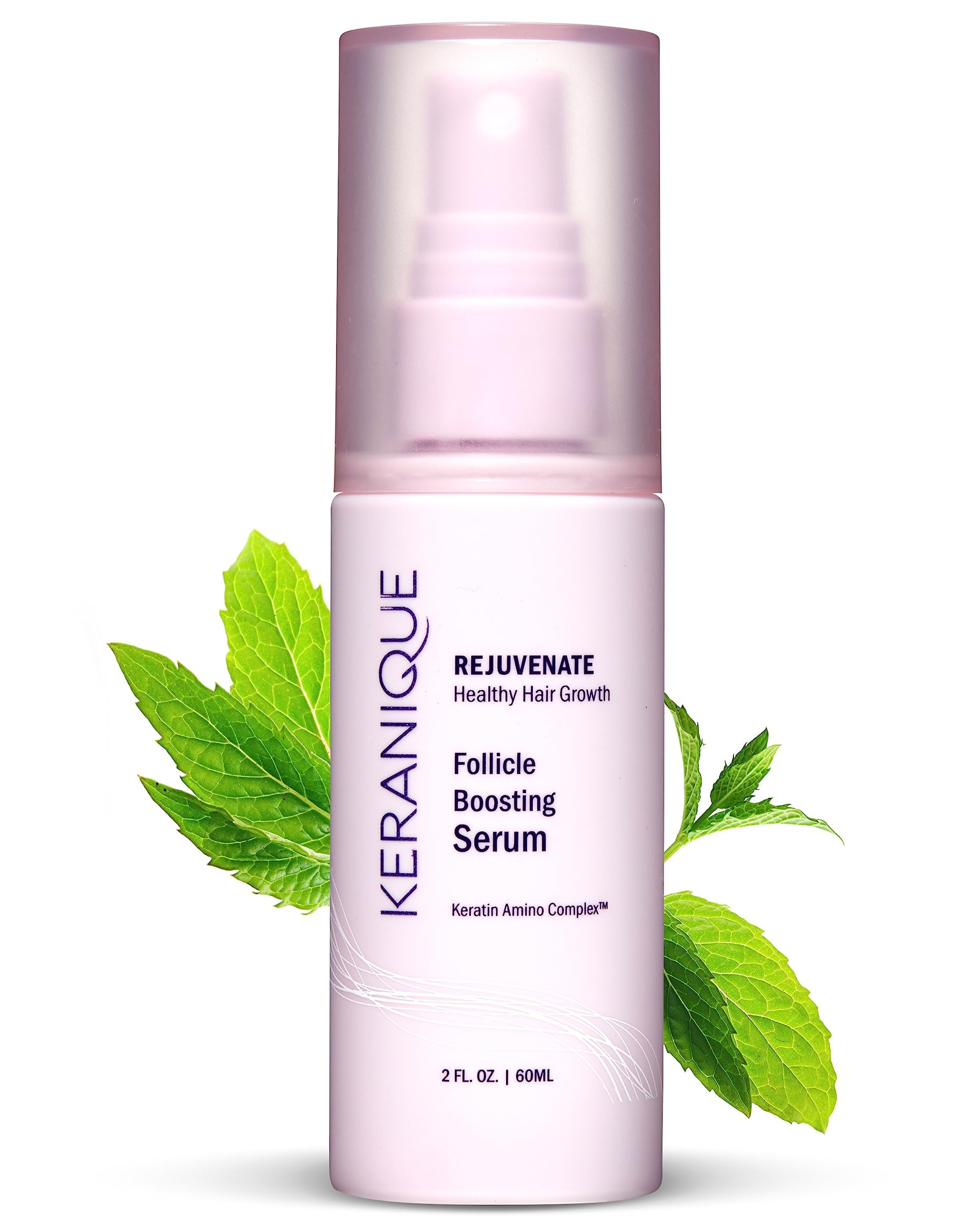 Keranique hair thickening serum bottle closeup shows lightweight formula for fuller-looking hair