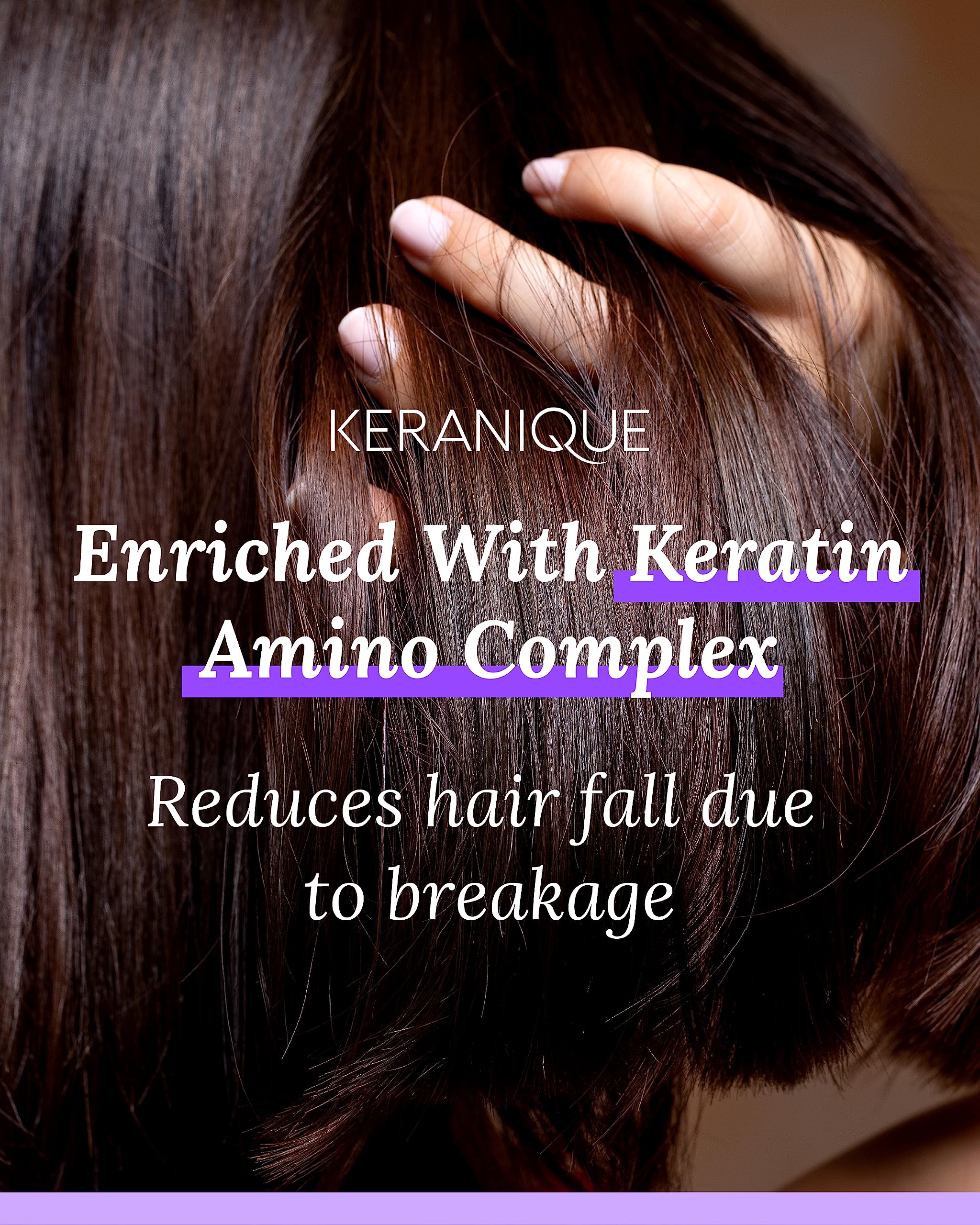 Keranique Hair Thickening Spray mist on hair shaft boosts fullness with Keratin Amino Complex.