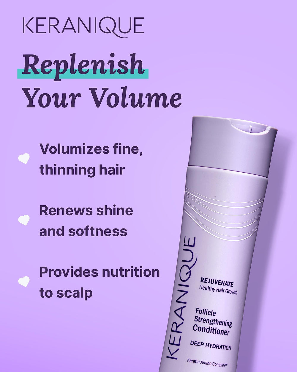 Thinning hair with Keranique conditioner showing subtle volumizing effect.