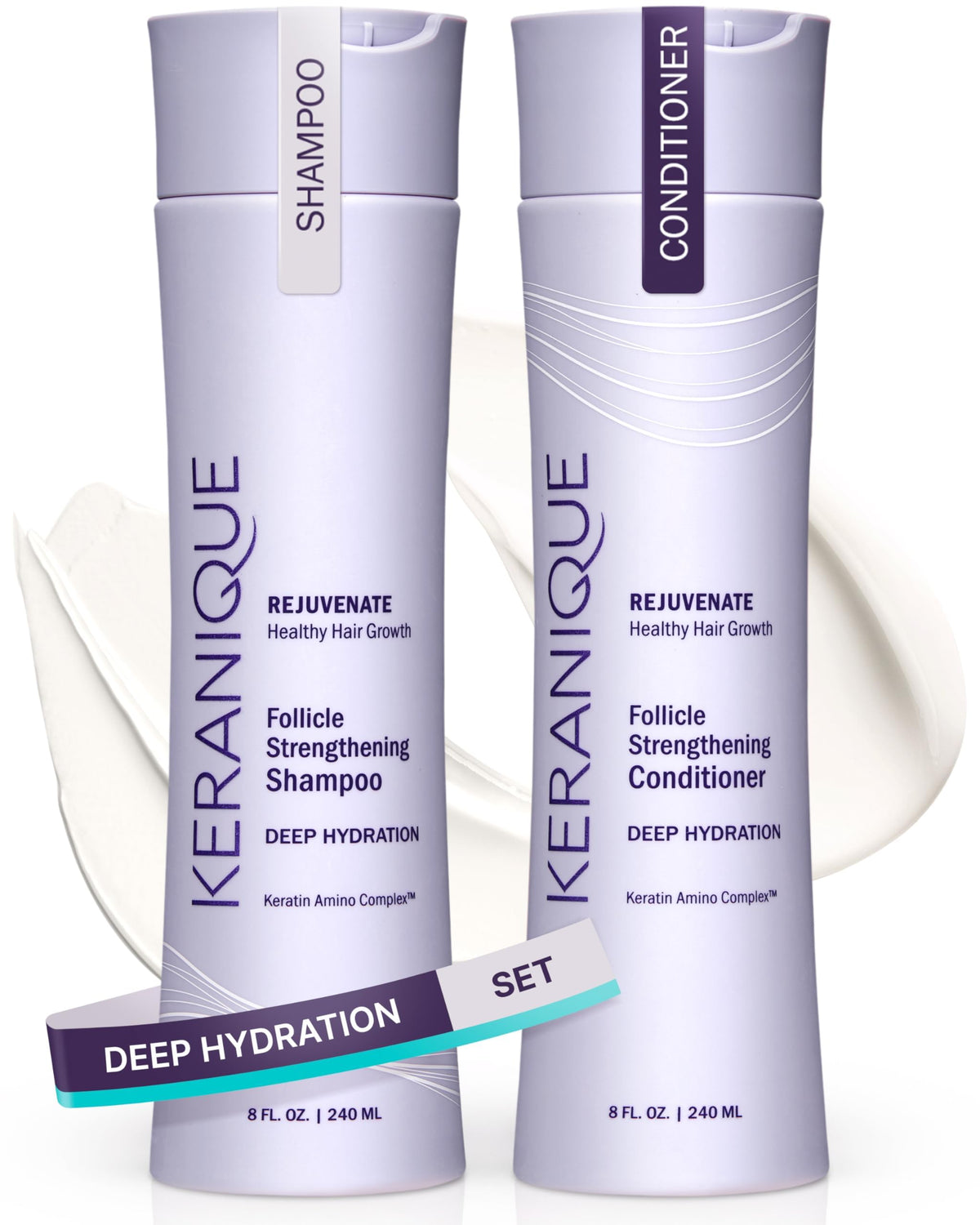 Keranique Hydrating Shampoo bottle close-up showing deep moisture for dry hair.
