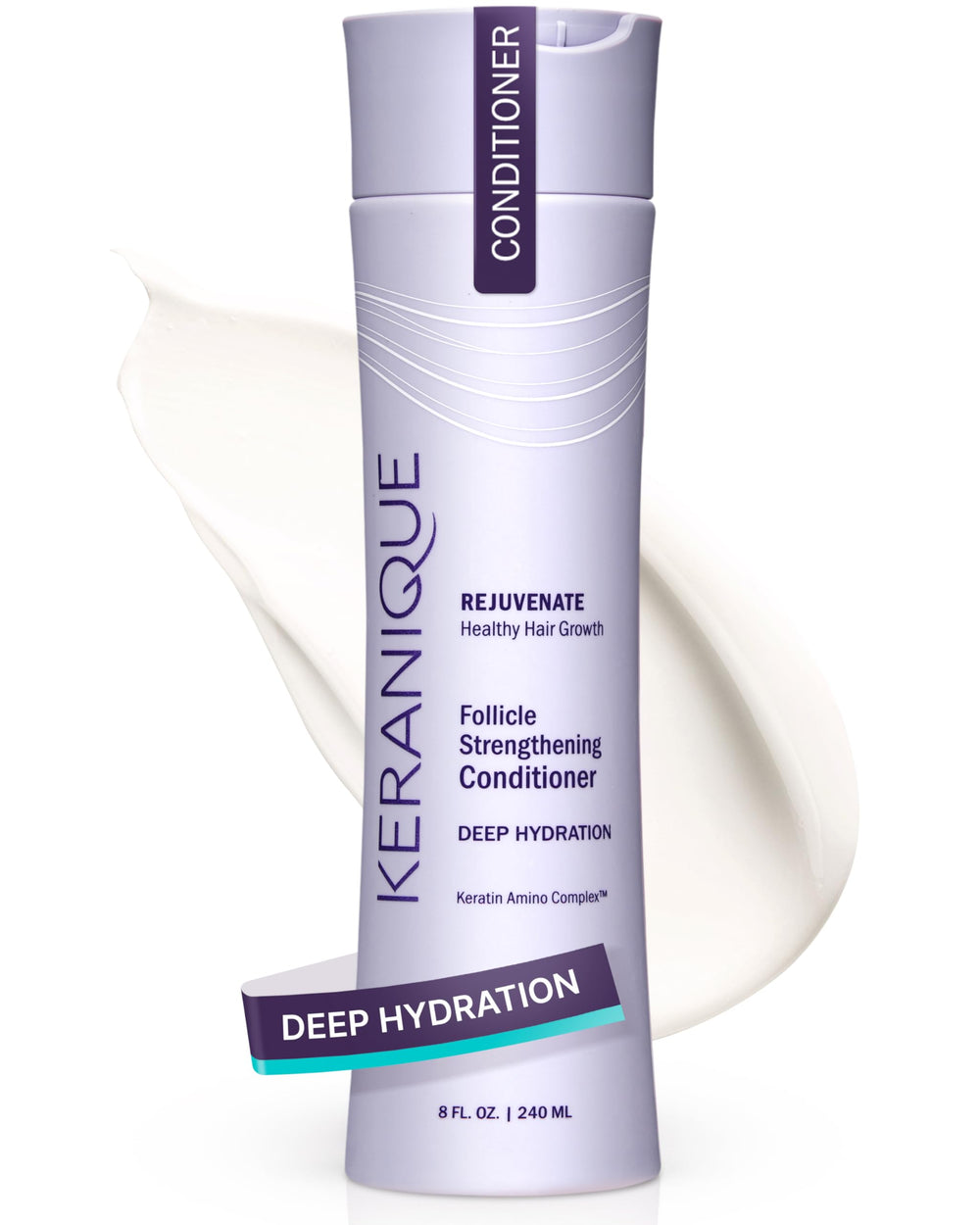 Keranique Keratin Conditioner bottle shows deep hydration for fuller-looking hair.
