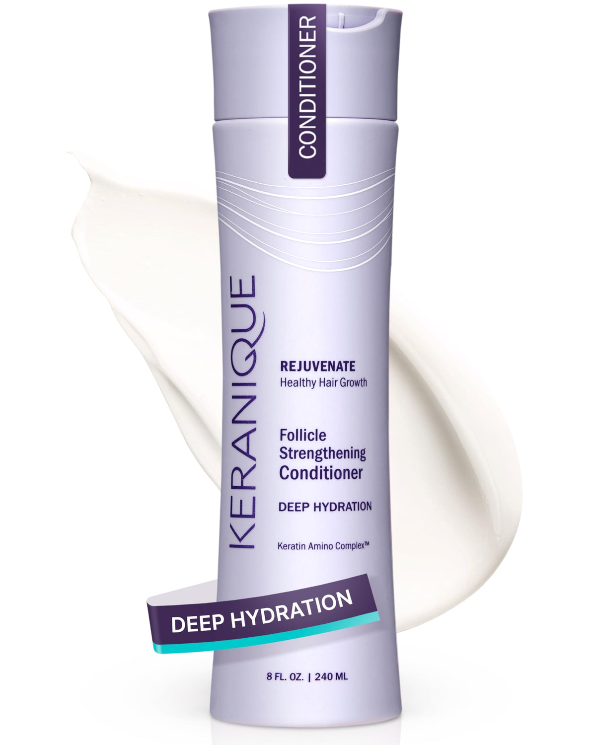 Keranique Keratin Conditioner bottle shows deep hydration for fuller-looking hair.