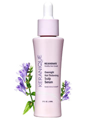 Keranique Overnight Hair Serum bottle closeup highlights premium formula for healthier growth.