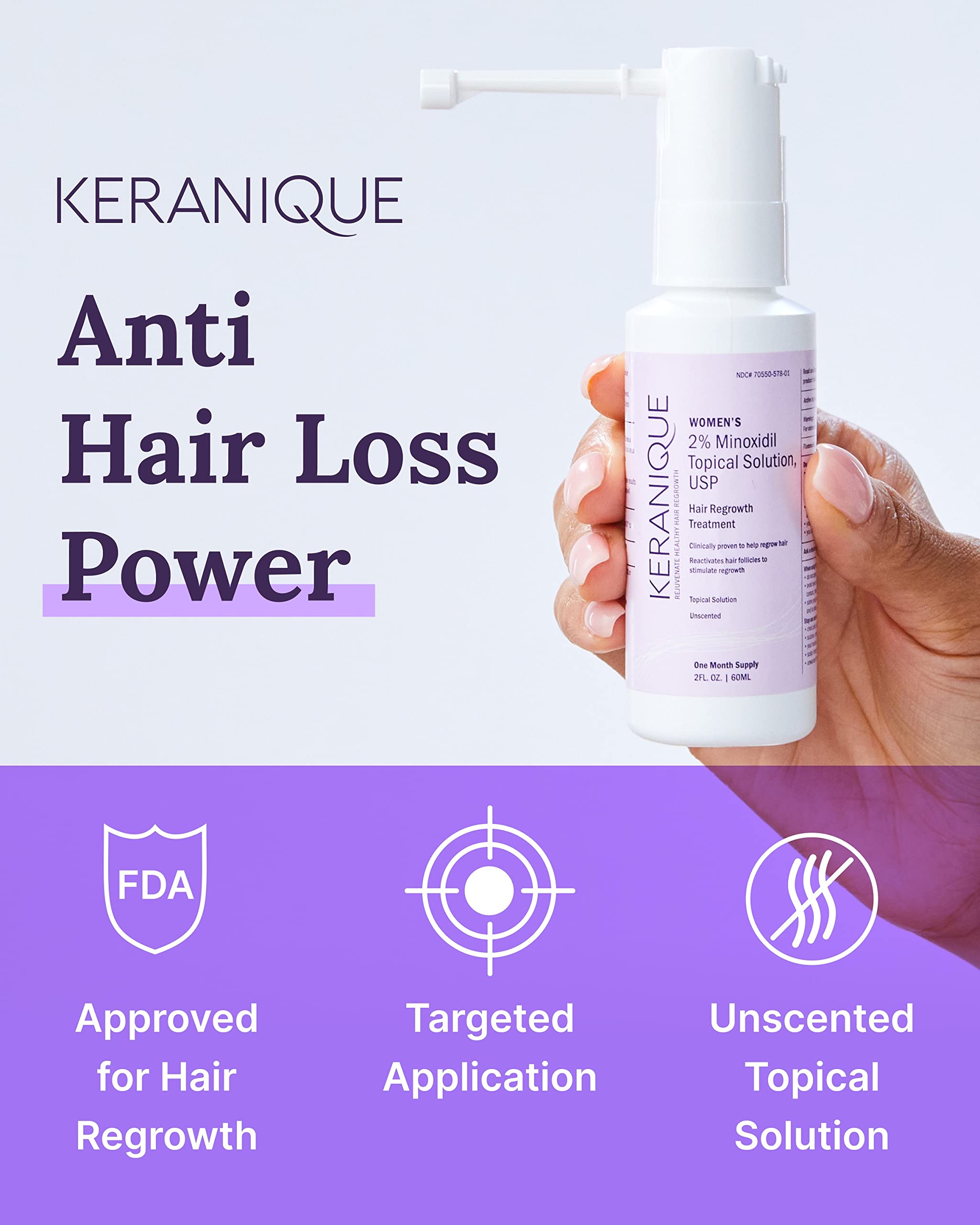 Keranique precision sprayer close-up enabling precise scalp application.