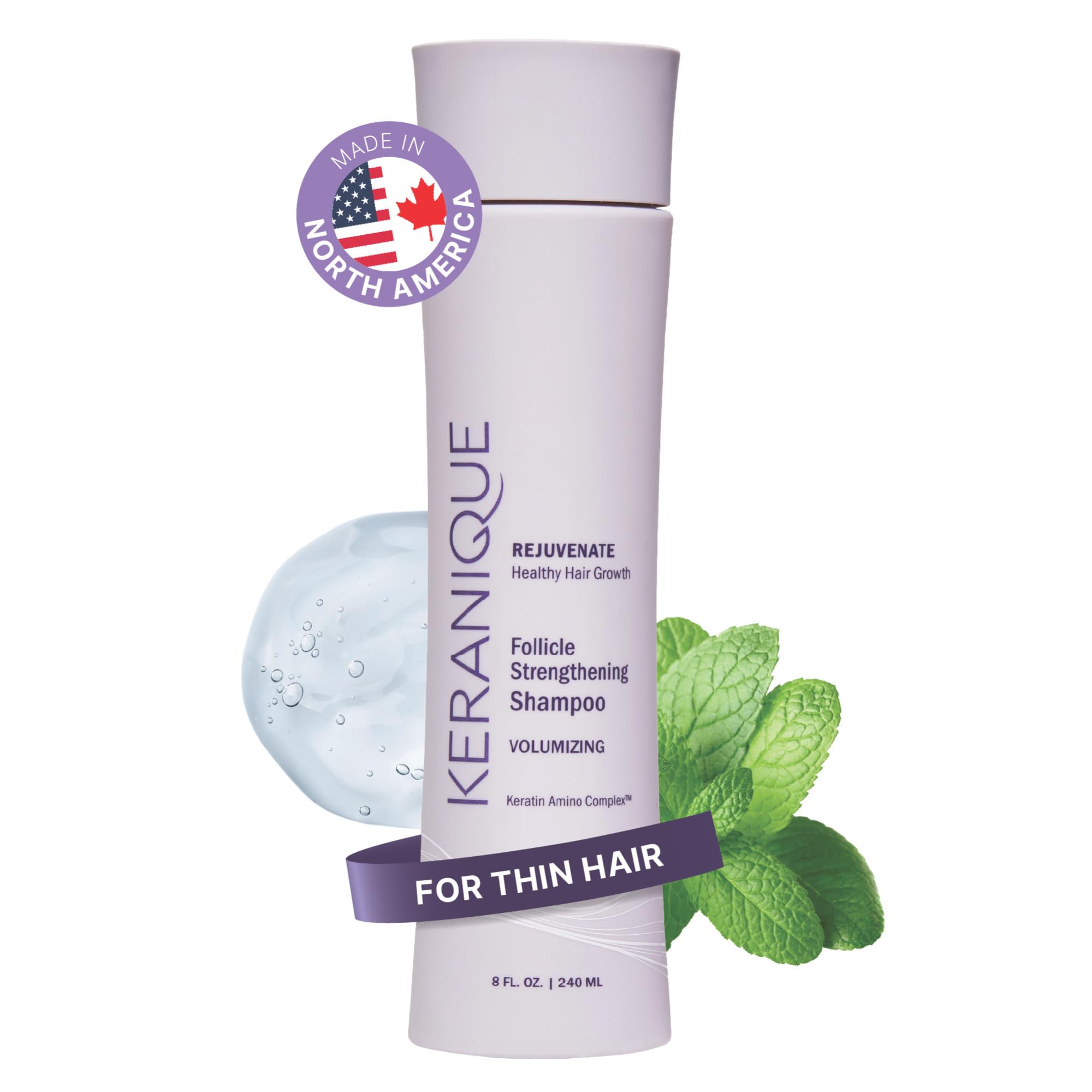Keranique scalp-stimulating keratin bottle closeup demonstrating scalp support and nourishment