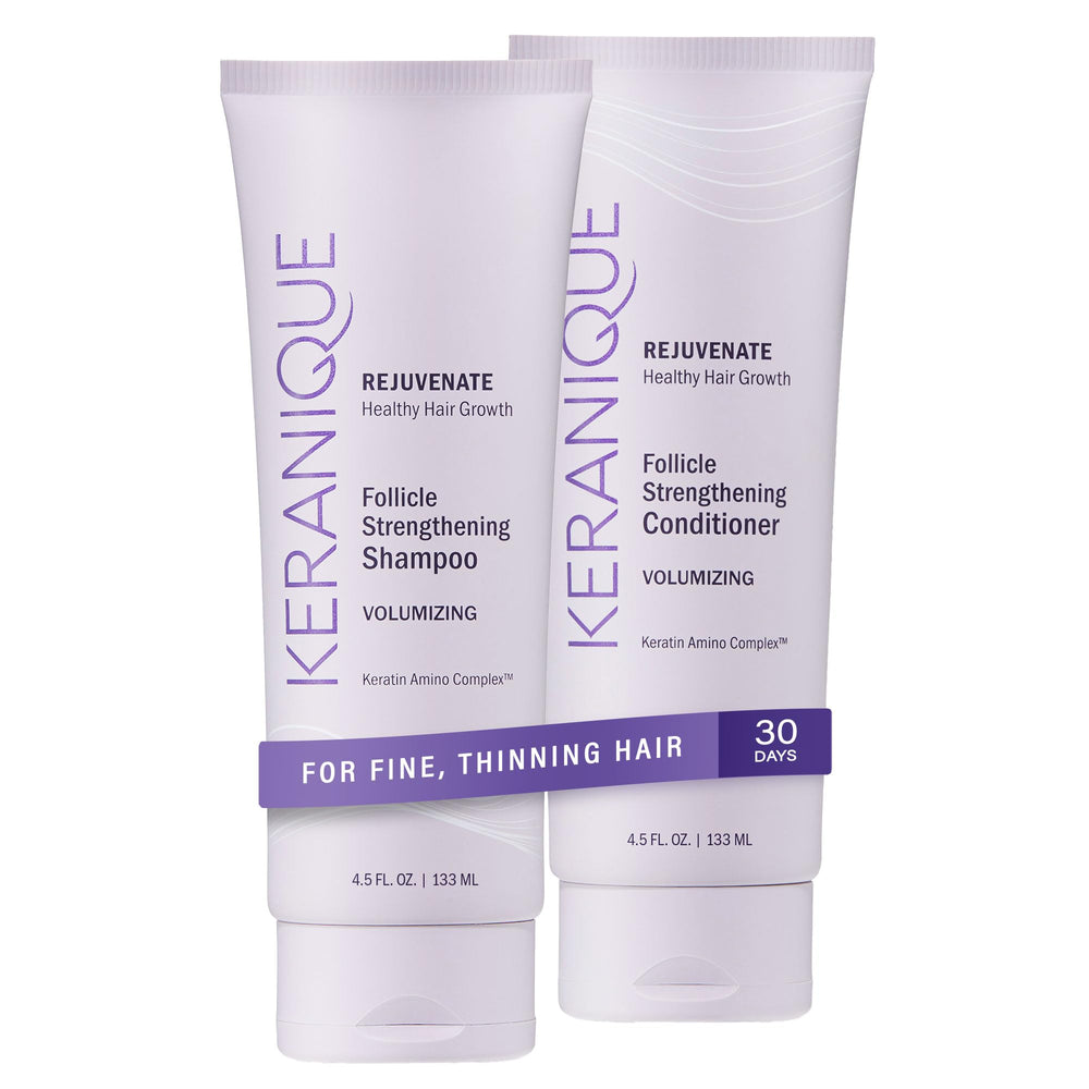 Keranique shampoo bottle shows keratin-enriched formula for fuller hair