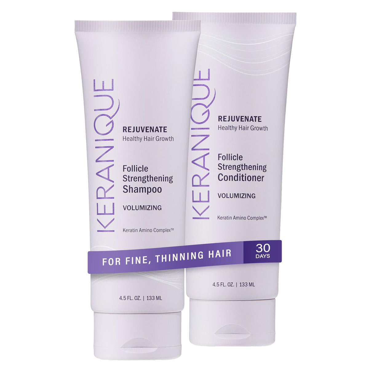 Keranique shampoo bottle shows keratin-enriched formula for fuller hair