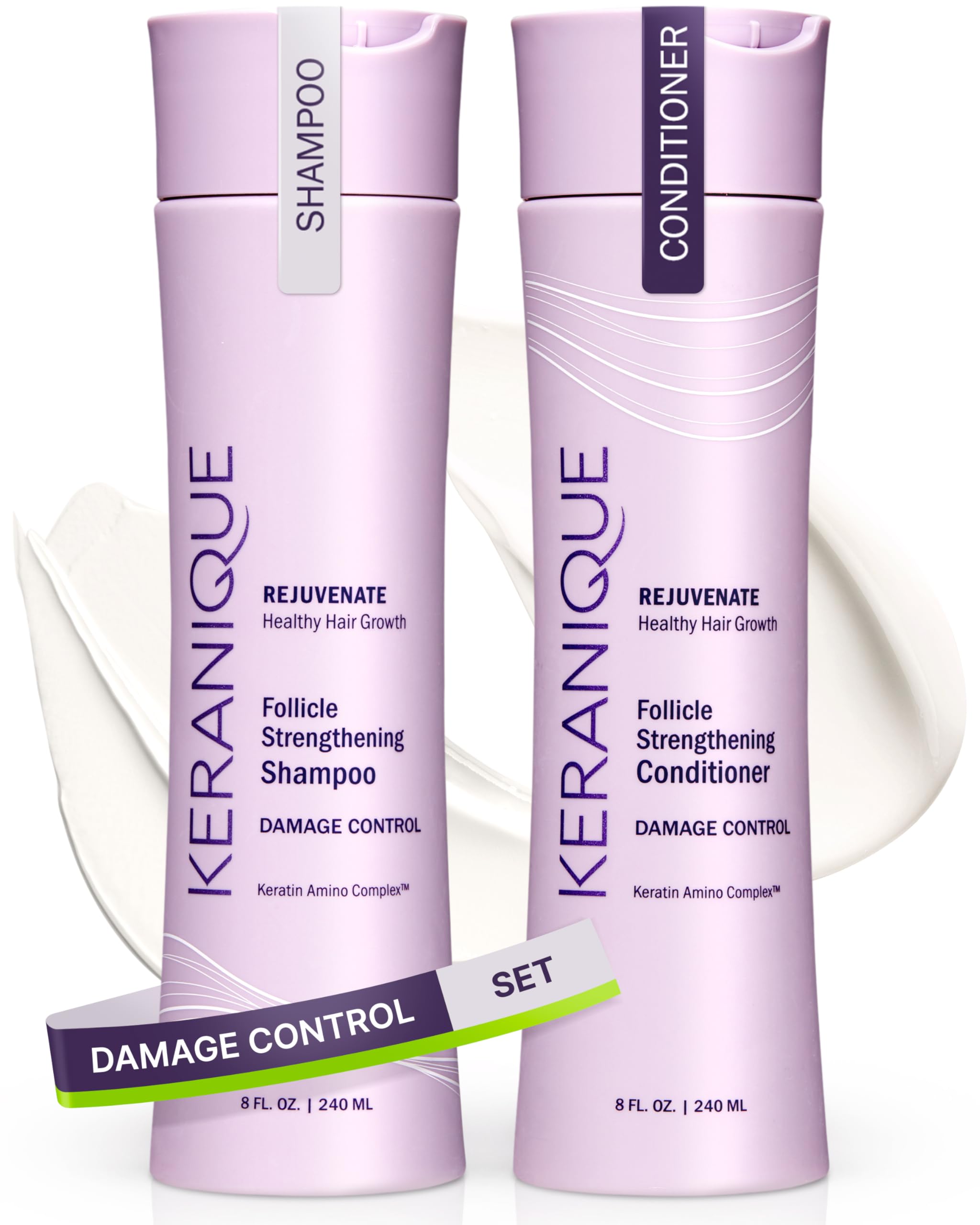 Keranique shampoo bottle highlighting anti-breakage for damaged hair