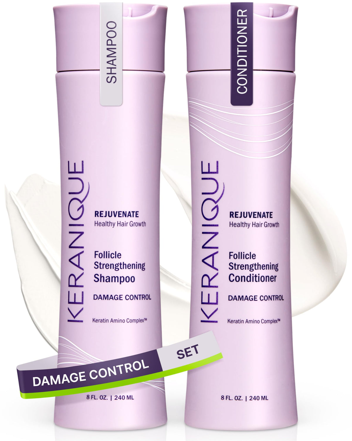 Keranique shampoo bottle highlighting anti-breakage for damaged hair