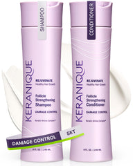 Keranique shampoo bottle highlighting anti-breakage for damaged hair