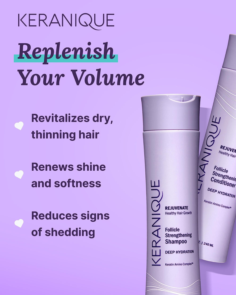 Keranique shampoo lather on hand illustrating rich cleansing experience.