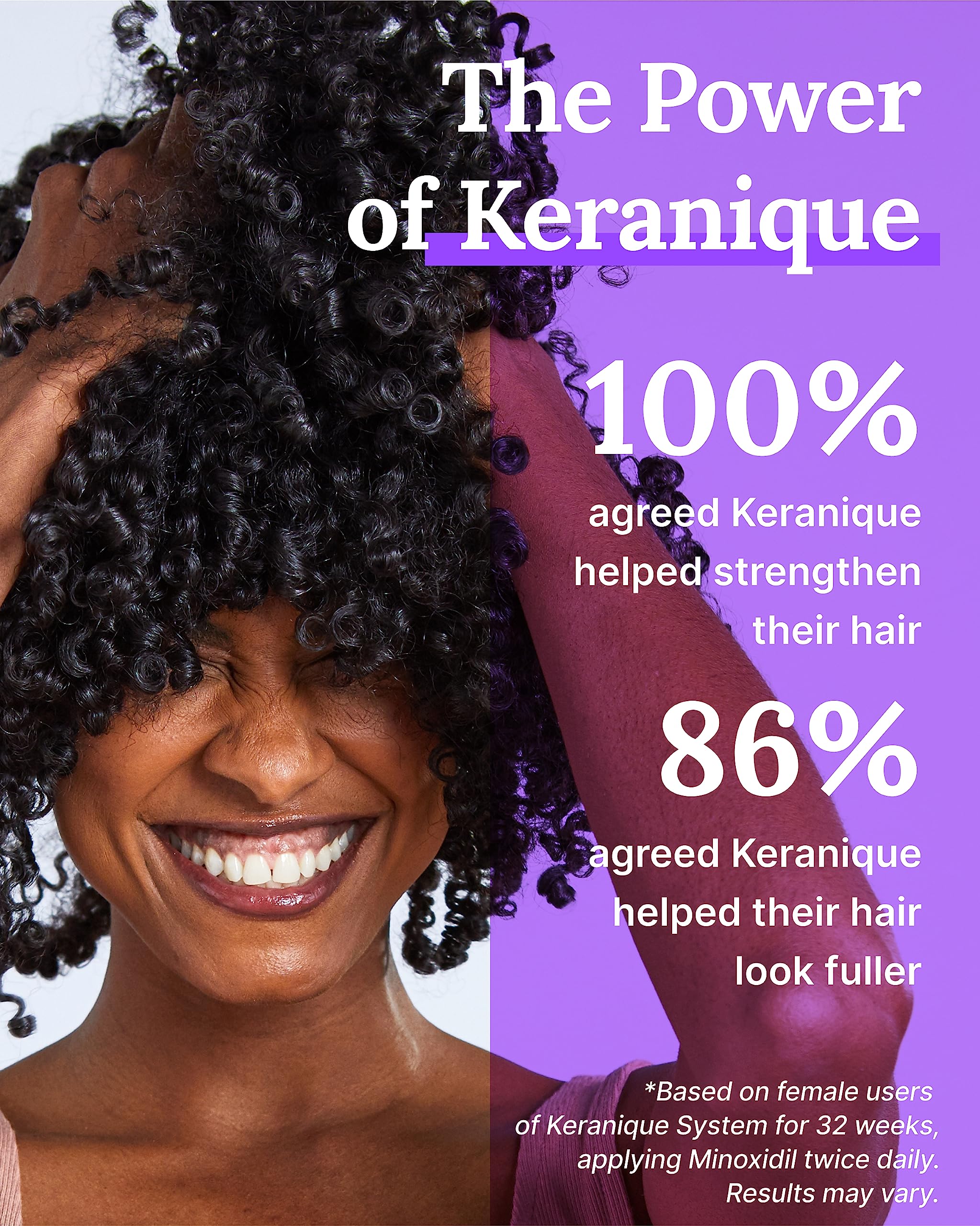 Keranique thickening hair look after application illustrates fuller density.