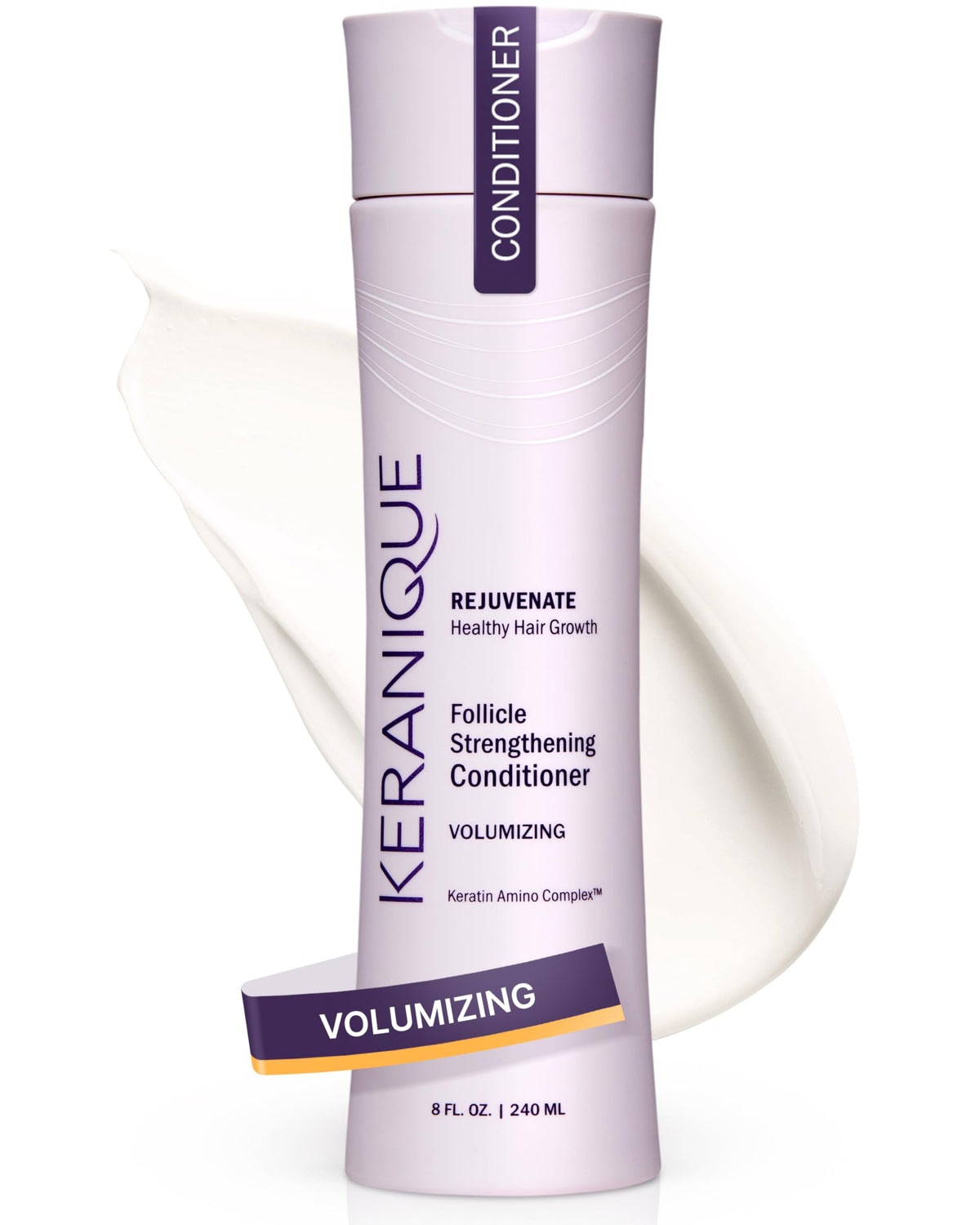 Keranique Volumizing Keratin Conditioner bottle showing potential for fuller hair.