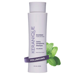 Keranique volumizing shampoo bottle pour highlights a rich formula for fuller-looking hair