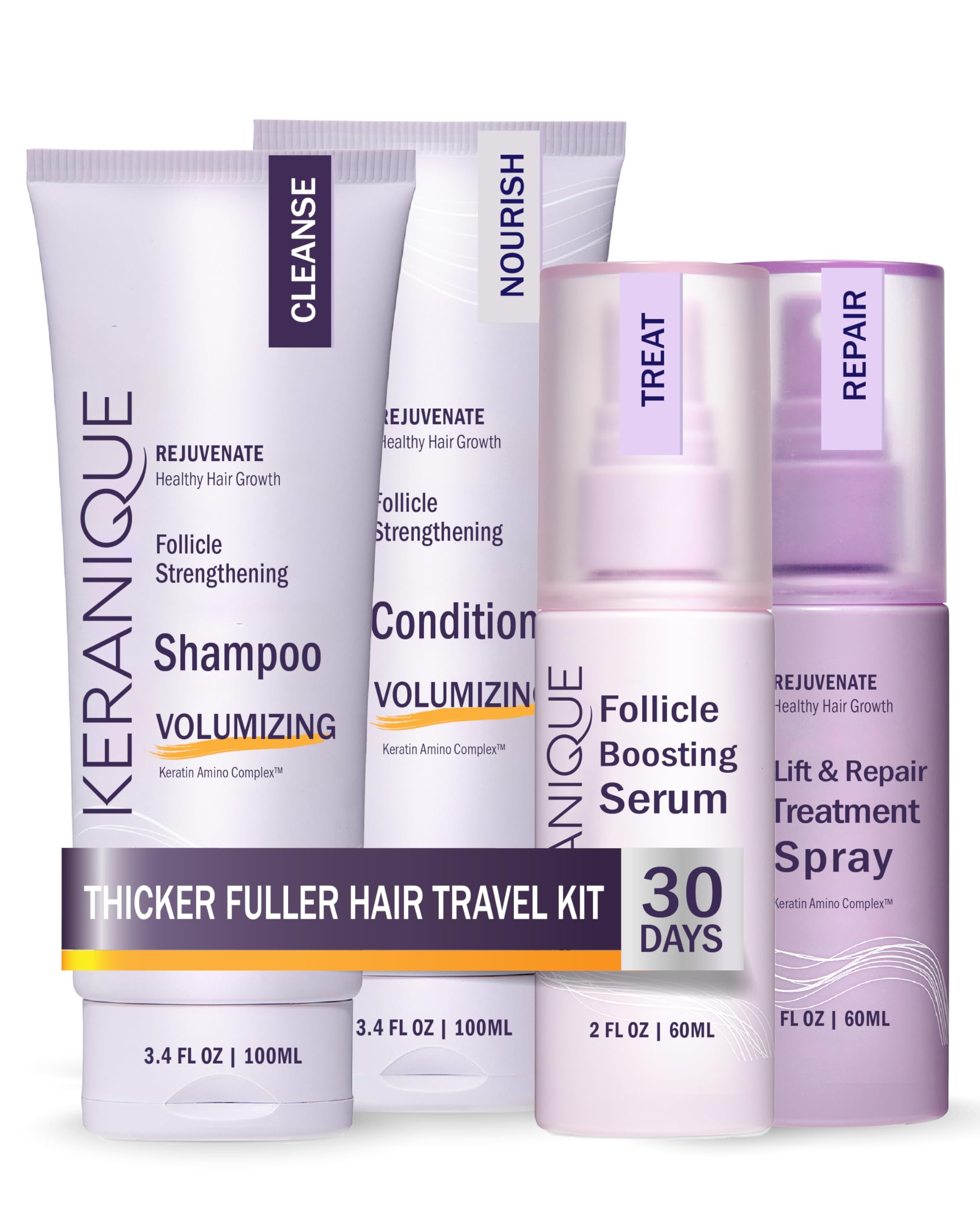 Keranique volumizing shampoo bottle boosts hair fullness and body
