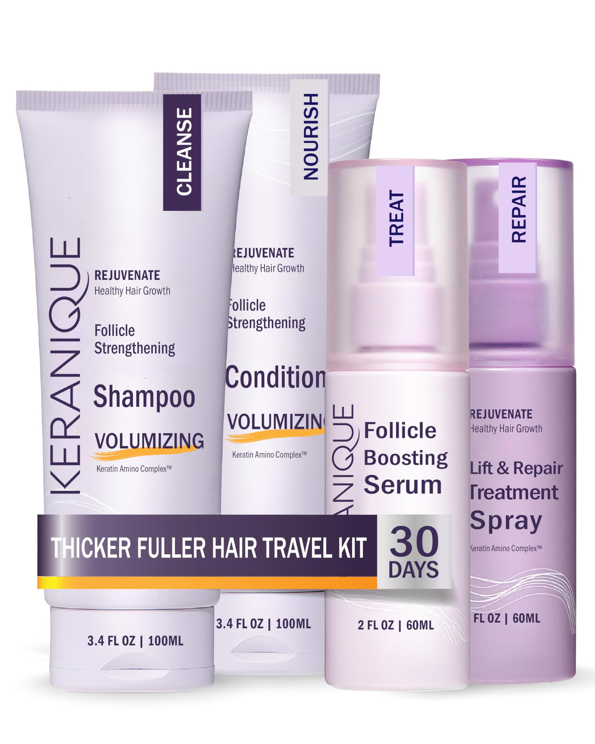 Keranique volumizing shampoo bottle boosts hair fullness and body