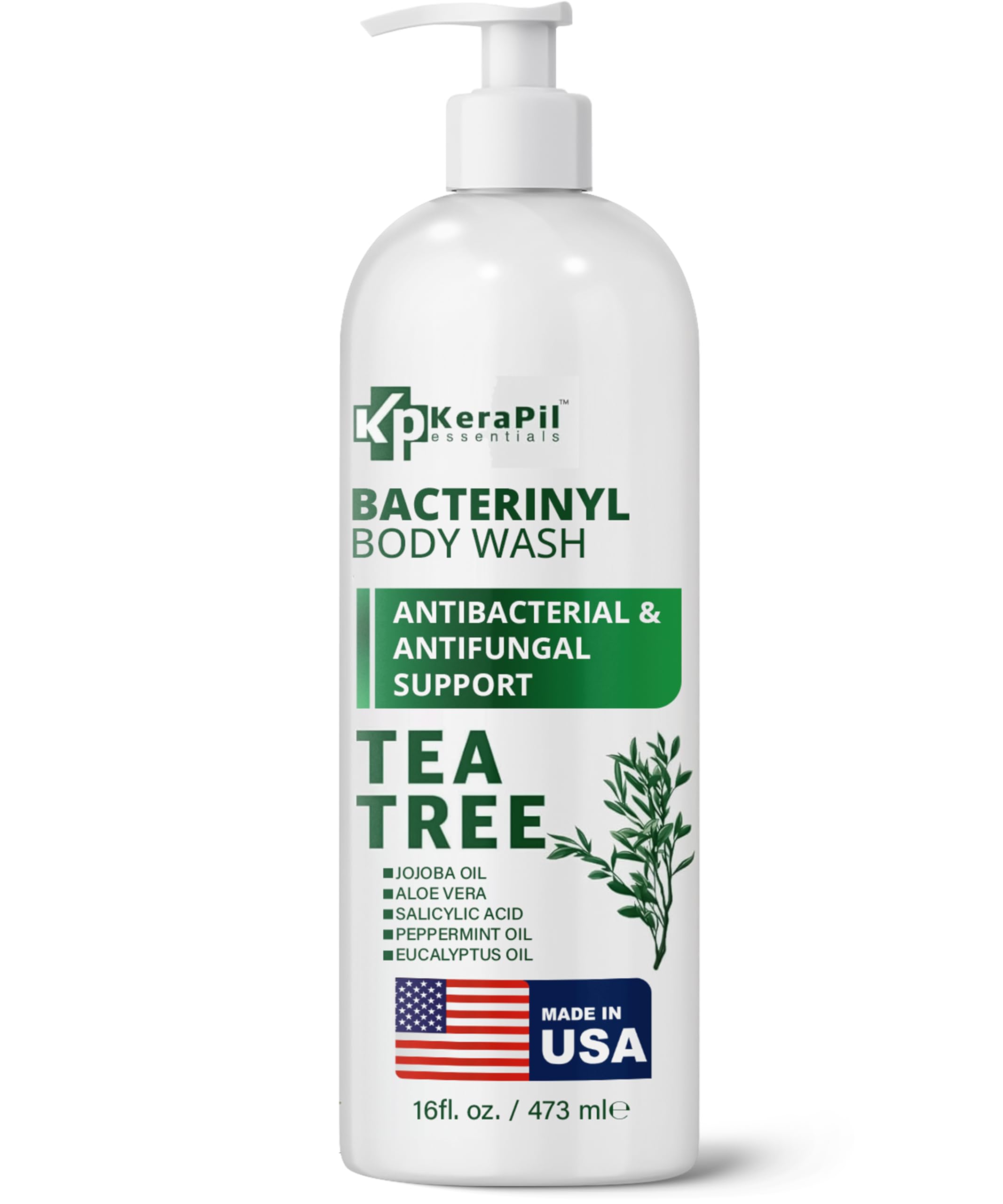 KERAPIL Bacterinyl Tea Tree Body Wash bottle front view for daily refreshing cleanse.