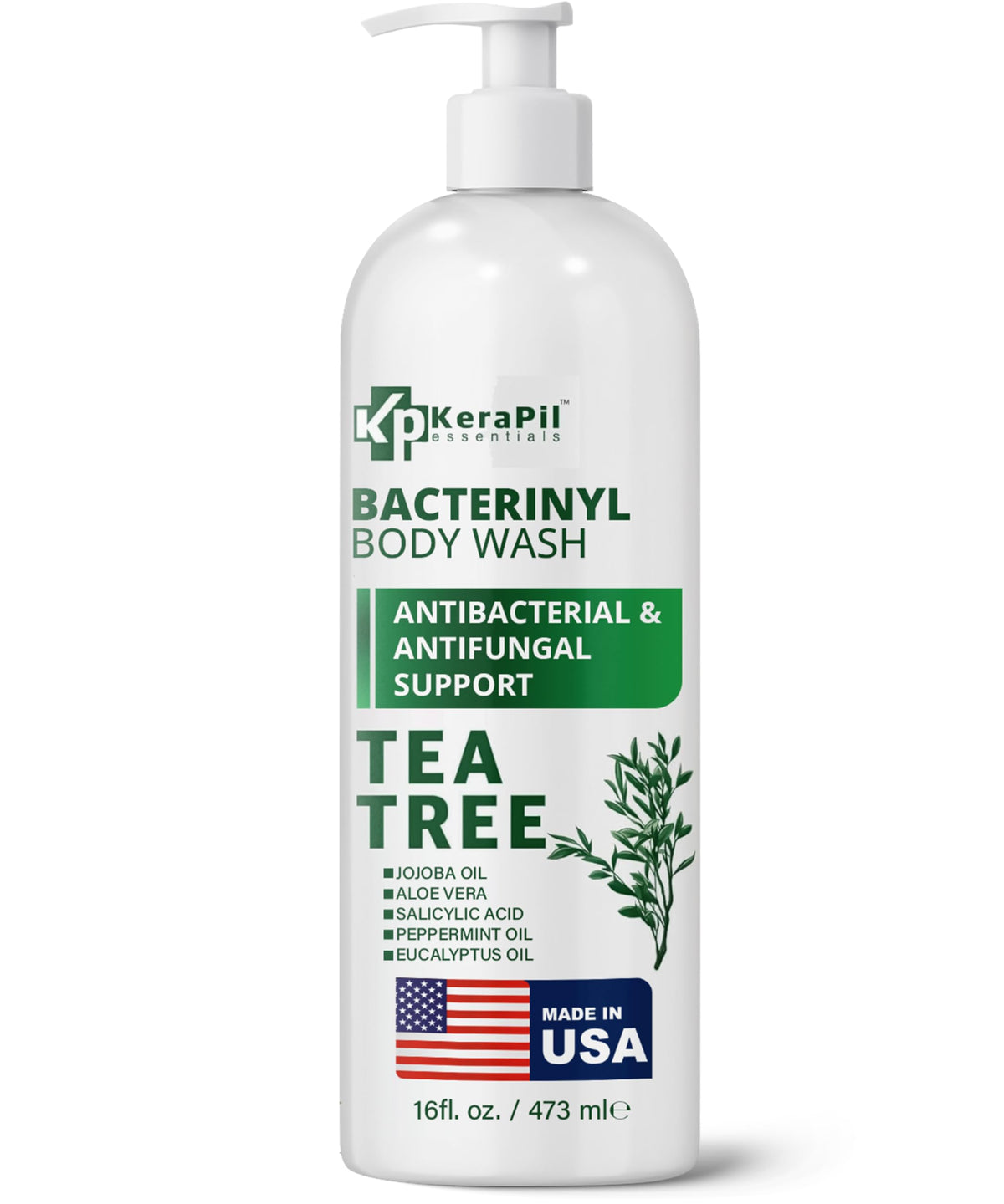 KERAPIL Bacterinyl Tea Tree Body Wash bottle front view for daily refreshing cleanse.
