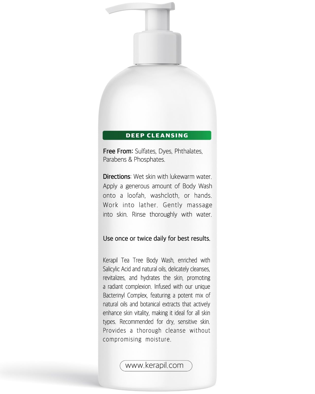 KERAPIL Bacterinyl Tea Tree Body Wash packaging on box display.