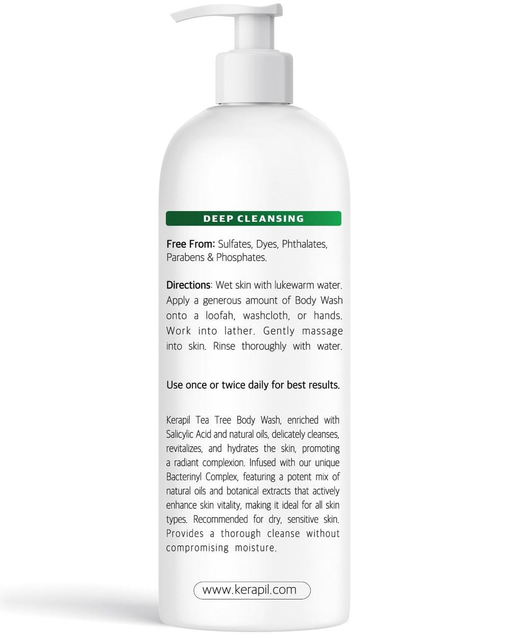 KERAPIL Bacterinyl Tea Tree Body Wash packaging on box display.