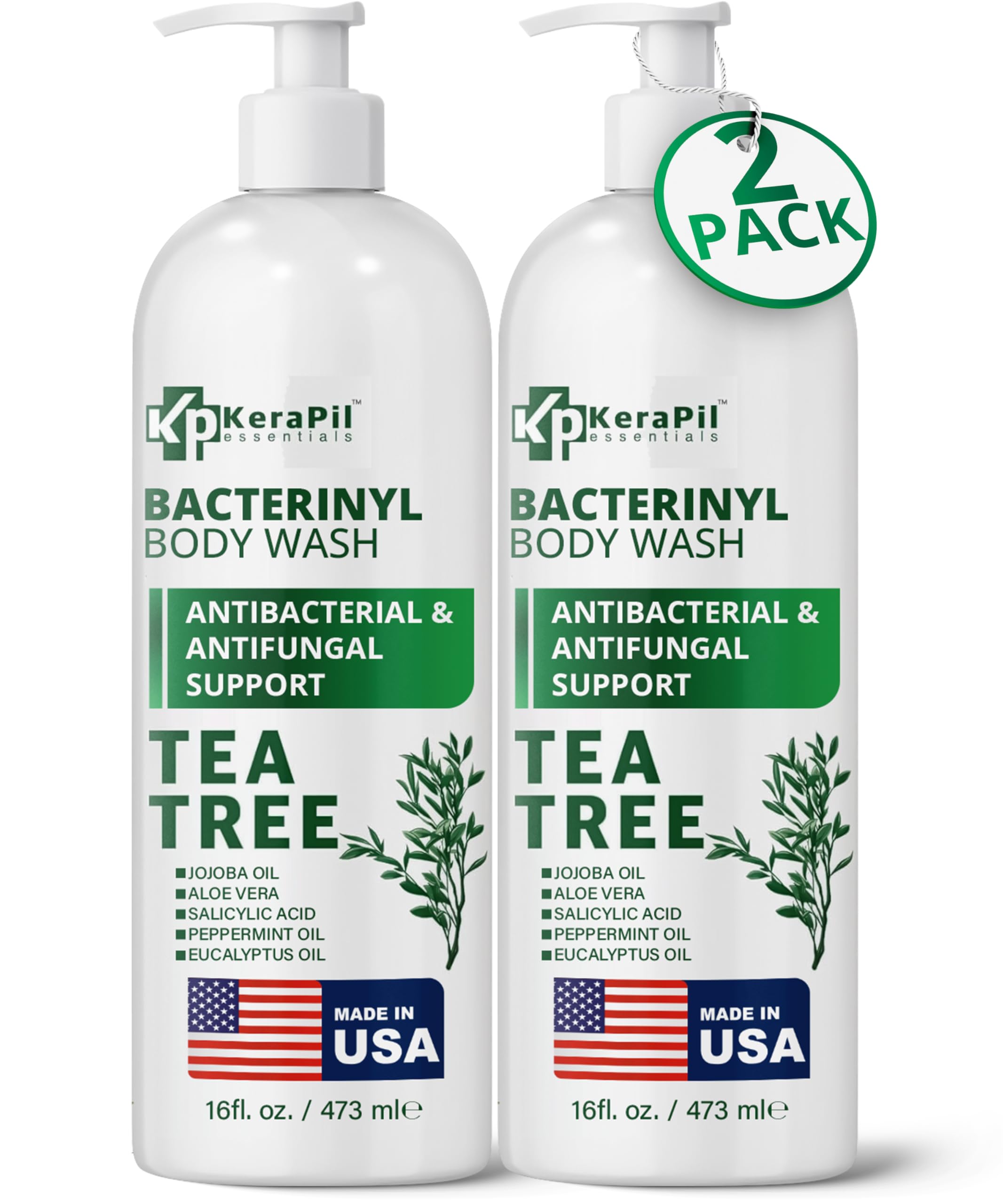KERAPIL Bacterinyl tea tree oil body wash bottle shows antibacterial formula for fresh skin
