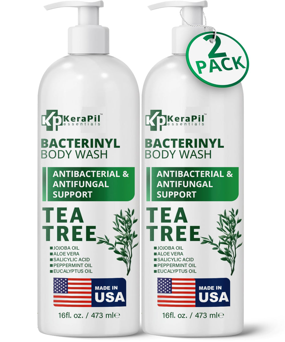 KERAPIL Bacterinyl tea tree oil body wash bottle shows antibacterial formula for fresh skin