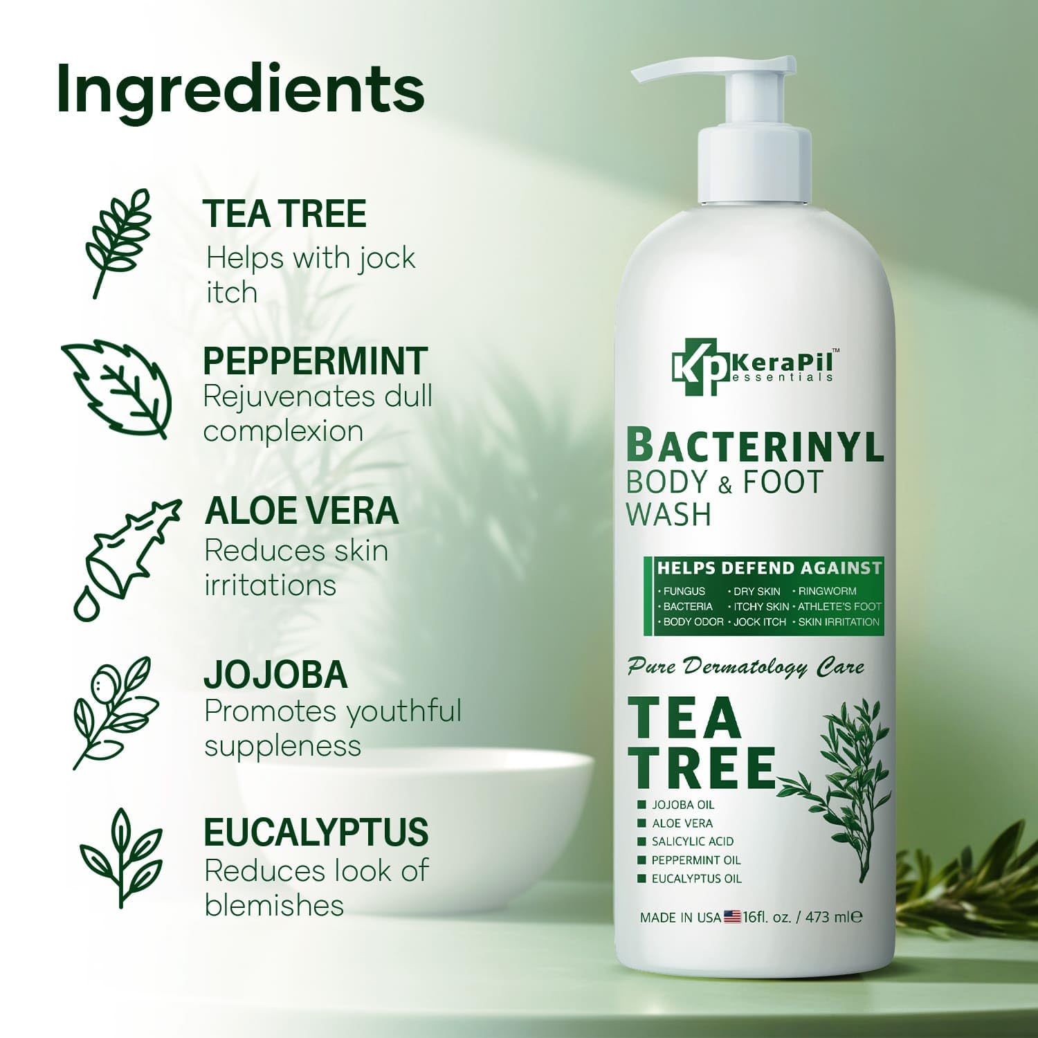 KERAPIL Bacterinyl tea tree oil body wash label close-up emphasizes paraben-free formula