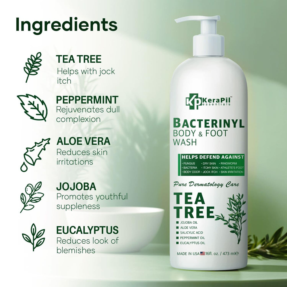 KERAPIL Bacterinyl tea tree oil body wash label close-up emphasizes paraben-free formula