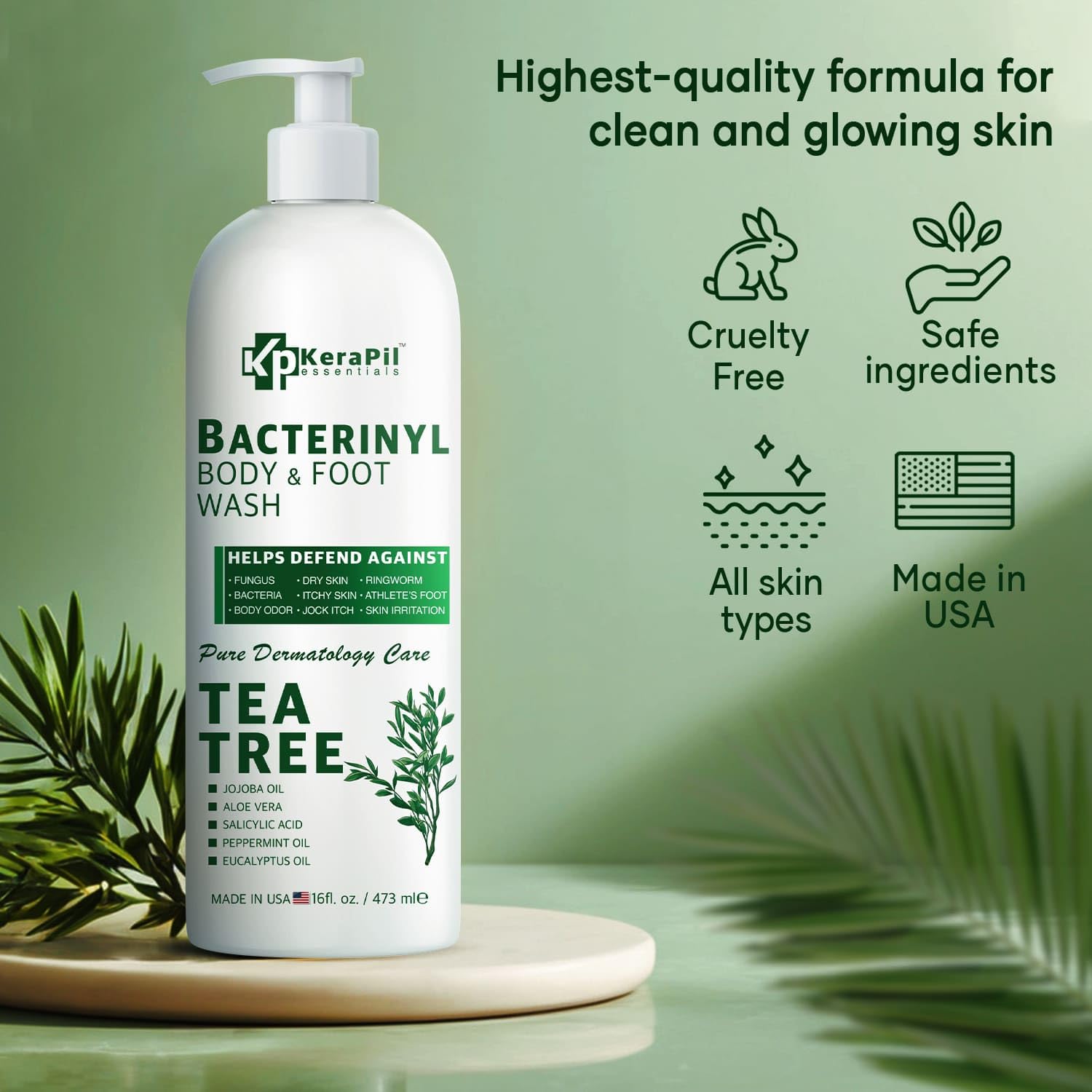 KERAPIL Bacterinyl tea tree oil body wash packaging box highlights USA-made and cruelty-free claims