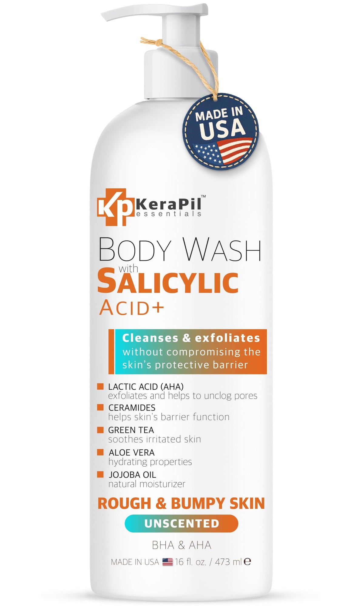 KERAPIL exfoliating body wash bottle with pump for easy cleansing and exfoliation.