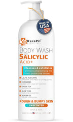 KERAPIL exfoliating body wash bottle with pump for easy cleansing and exfoliation.
