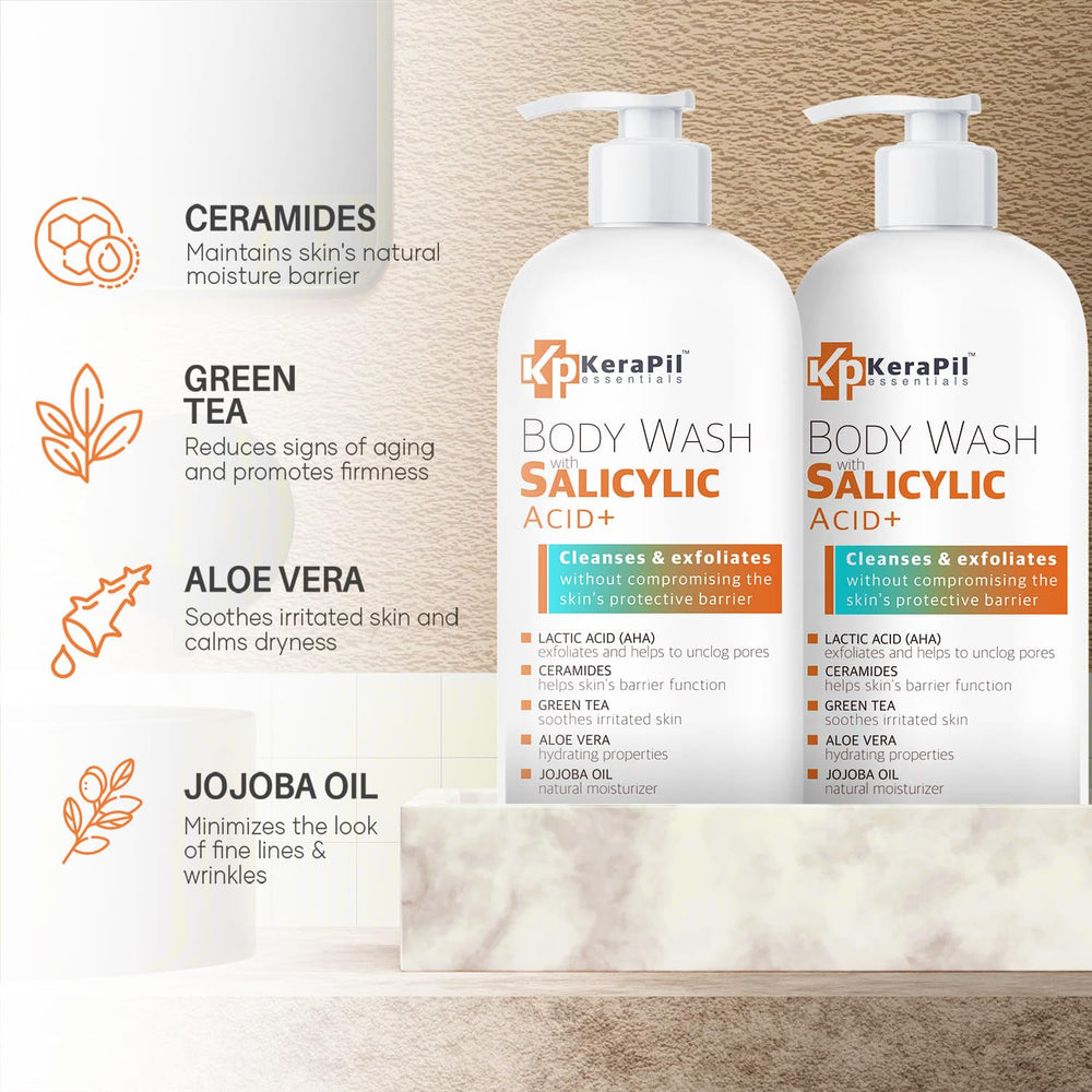 KERAPIL Salicylic Acid Body Wash bottle-side suggests gentle cleansing with BHA and AHA exfoliation.